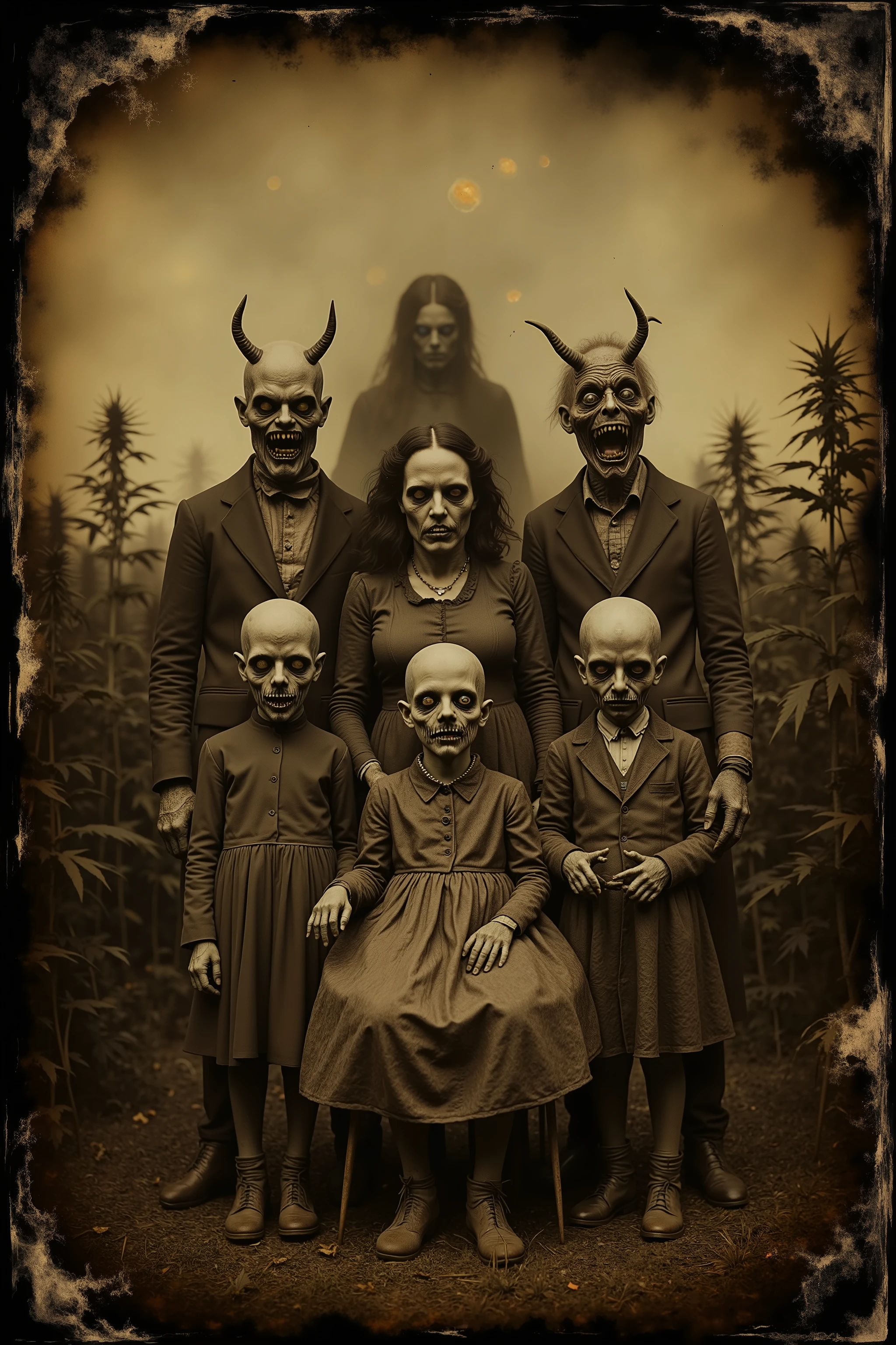 Daguerreotype, tintype. Bizarre, creepy, weird stuff, detailed surreal scene, outdoors, humanoid family with distorted features, unnatural anatomy, twisted haunted detailed facial expressions, unsettling atmosphere, field of Marijuana plants behind them, glowing orbs in the sky, eerie shadows, presence lurking, partially seen, dark faces with lit up eyes lurkng around the plants, dark, moody, cinematic horror lighting, digital art, concept art, 8K, high resolution, ultra-realistic, photorealistic, physically-based rendering, spooky, scary, long lost photo, photo brown and yellowed with age, antique photo, unsettling, gothic, dark side art, masterpiece. 
