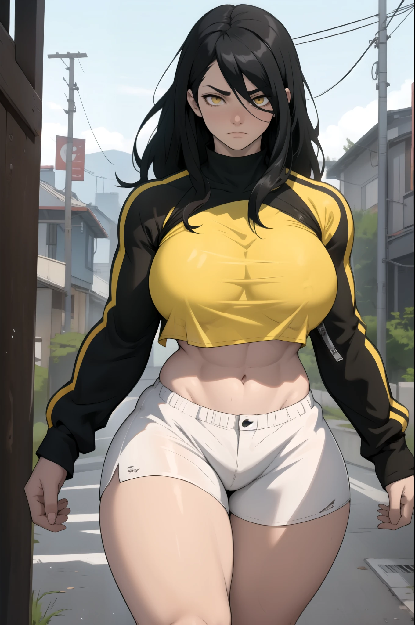 sad girl muscular muscular muscular breasts breasts breasts thick thick thick thick black hair yellow eyes pale skin pale skin thick thick thick long sleeve dark atmosphere thick thick thick thick thick thick muscular simple background sad sad sad sad tigth shirt