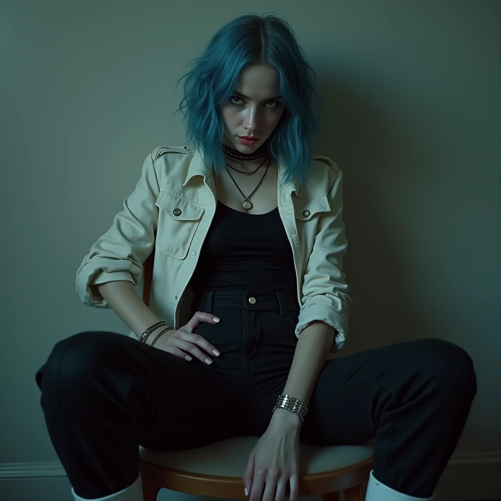 1980s Kodak photo of a young 20 year old rock girl with blue blonde hair wearing a white shirt and black leather jacket, in a german apartment, photography by nan goldin, by william eggleston, faded, film grain, cross processed image