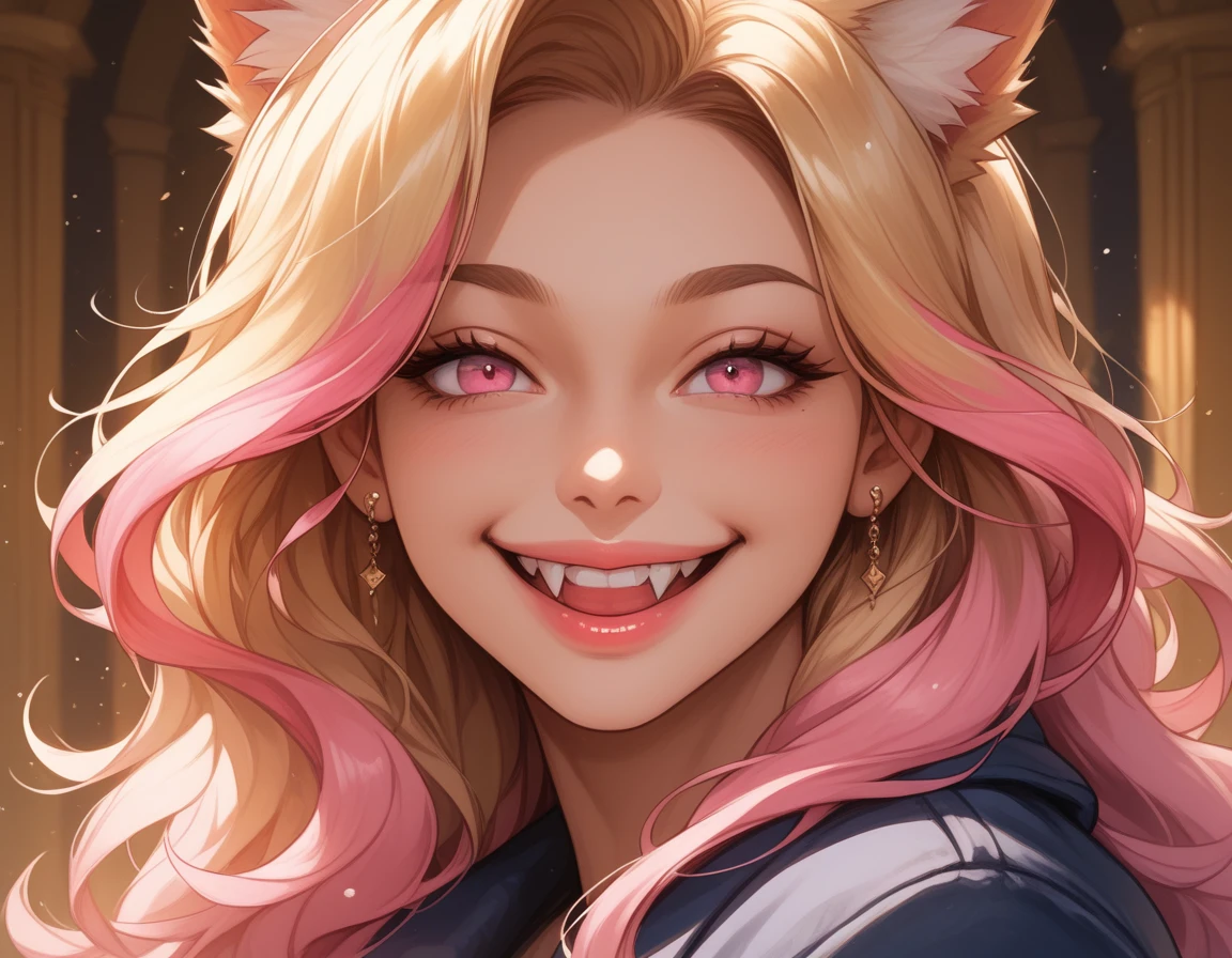 anime girl with pink hair and blue eyes sitting at a table, seraphine ahri kda, beautiful anime catgirl, portrait of ahri, artgerm and rossdraws, attractive cat girl, style artgerm, very beautiful anime cat girl, rossdraws and jazza, jazza and rossdraws, rossdraws cartoon vibrant, anime catgirl