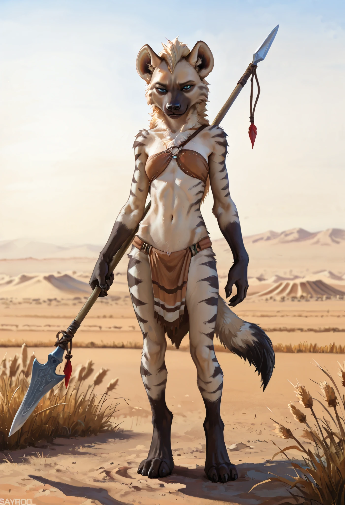 ((Striped Hyena)), solo, female, (anthro), (by seyorrol), ((watercolor background, savanna desert background)), realistic shading, (epic, masterpiece, high quality, 8k, ultra HD, absurd res, top quality, best quality, max quality, masterpiece), ((((feminine body, feminine features)))), ((skinny)), (perfect hands), realistic blue eyes, squinting, digitigrade, (standing proudly, holding spear), (dynamic lighting), detailed fur, ((stoic expression)), ((three quarter view)), looking at camera, white fur, dark stripes, loincloth