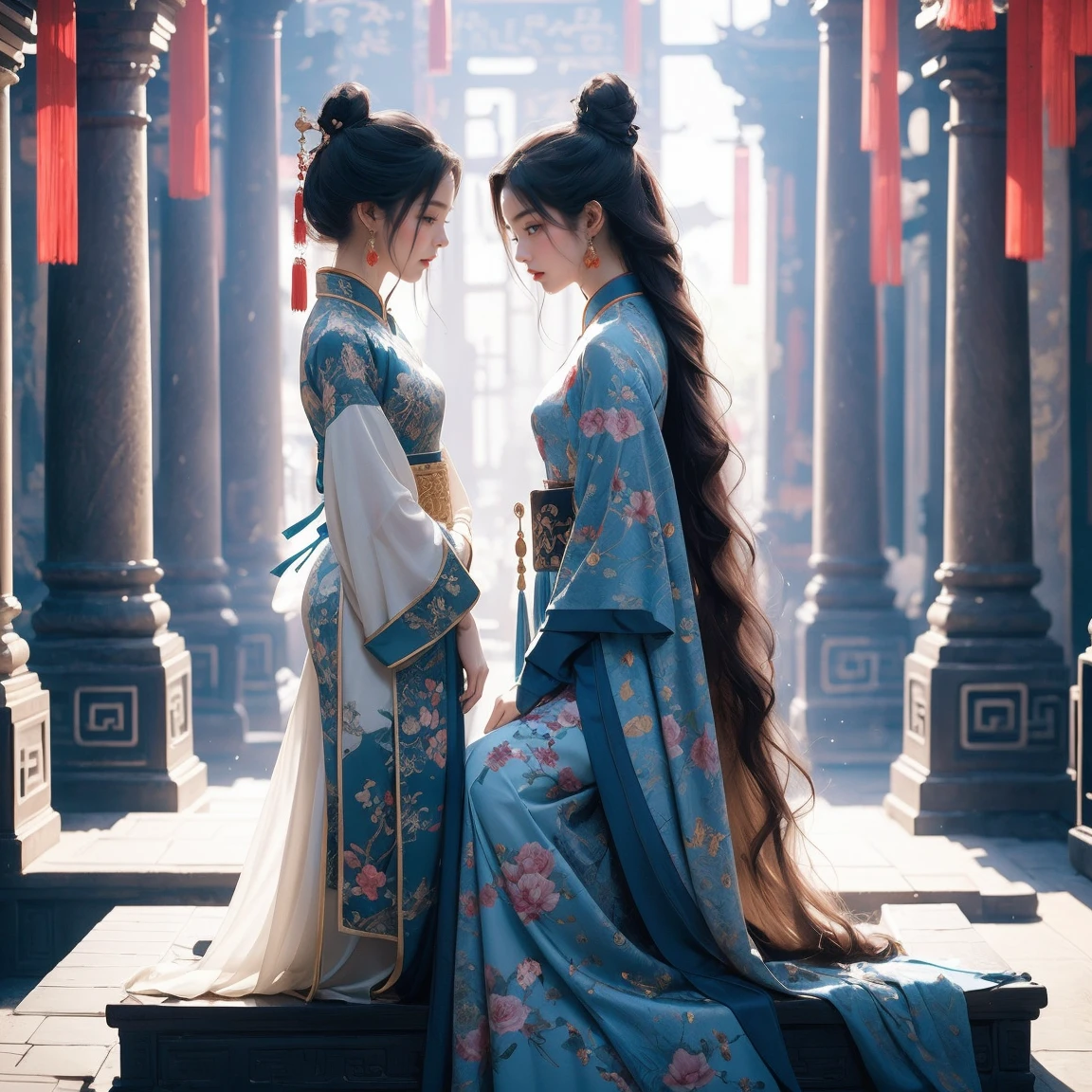 Two women feeding each other on a bench,Chinese style dress,Black and white,Blue and green