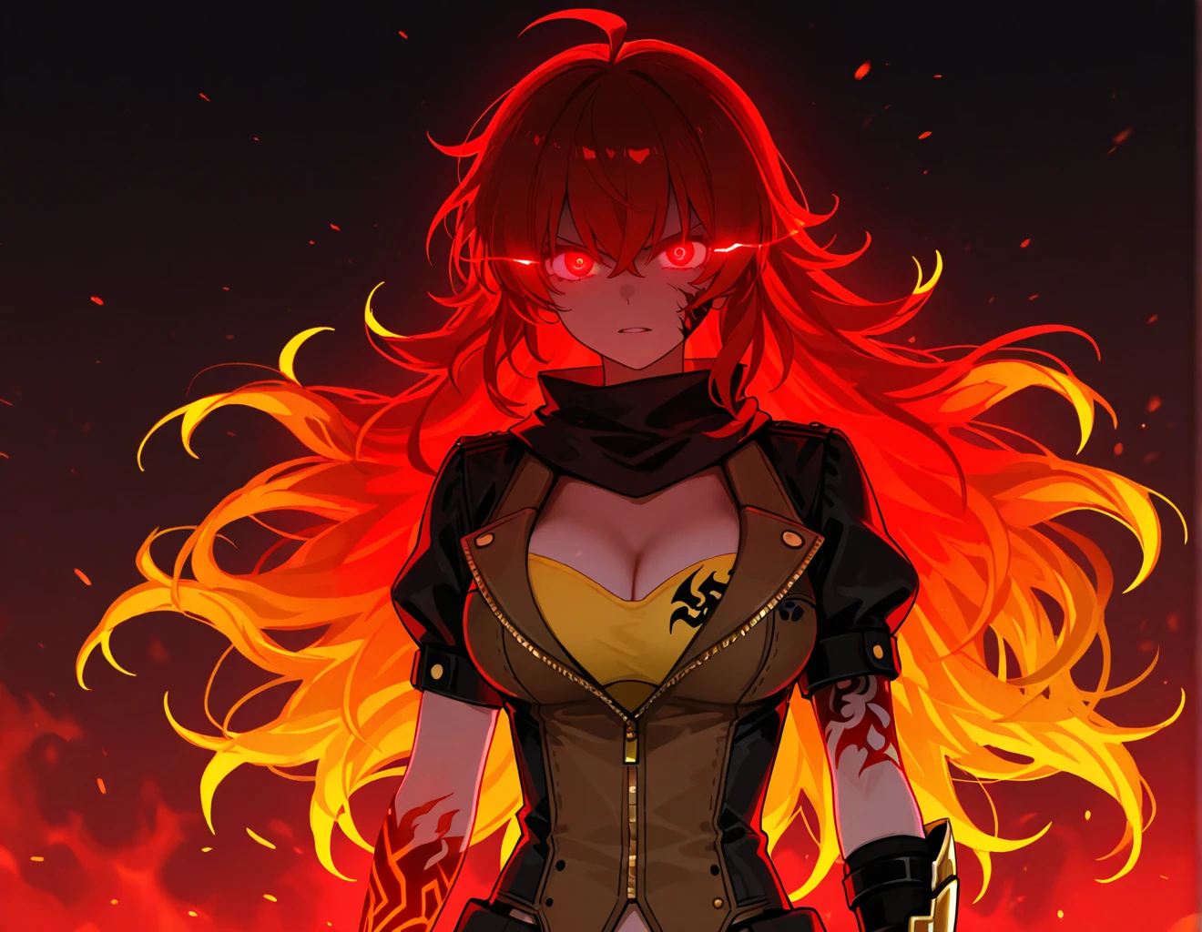 1girl,solo,fire,floating hair,bare shoulders,nose,fiery red hair,fiery red eyes,<lora:huoyanjingling_XL-000007:0.6>,medium breasts,cleavage,upper body,blcak jacket,