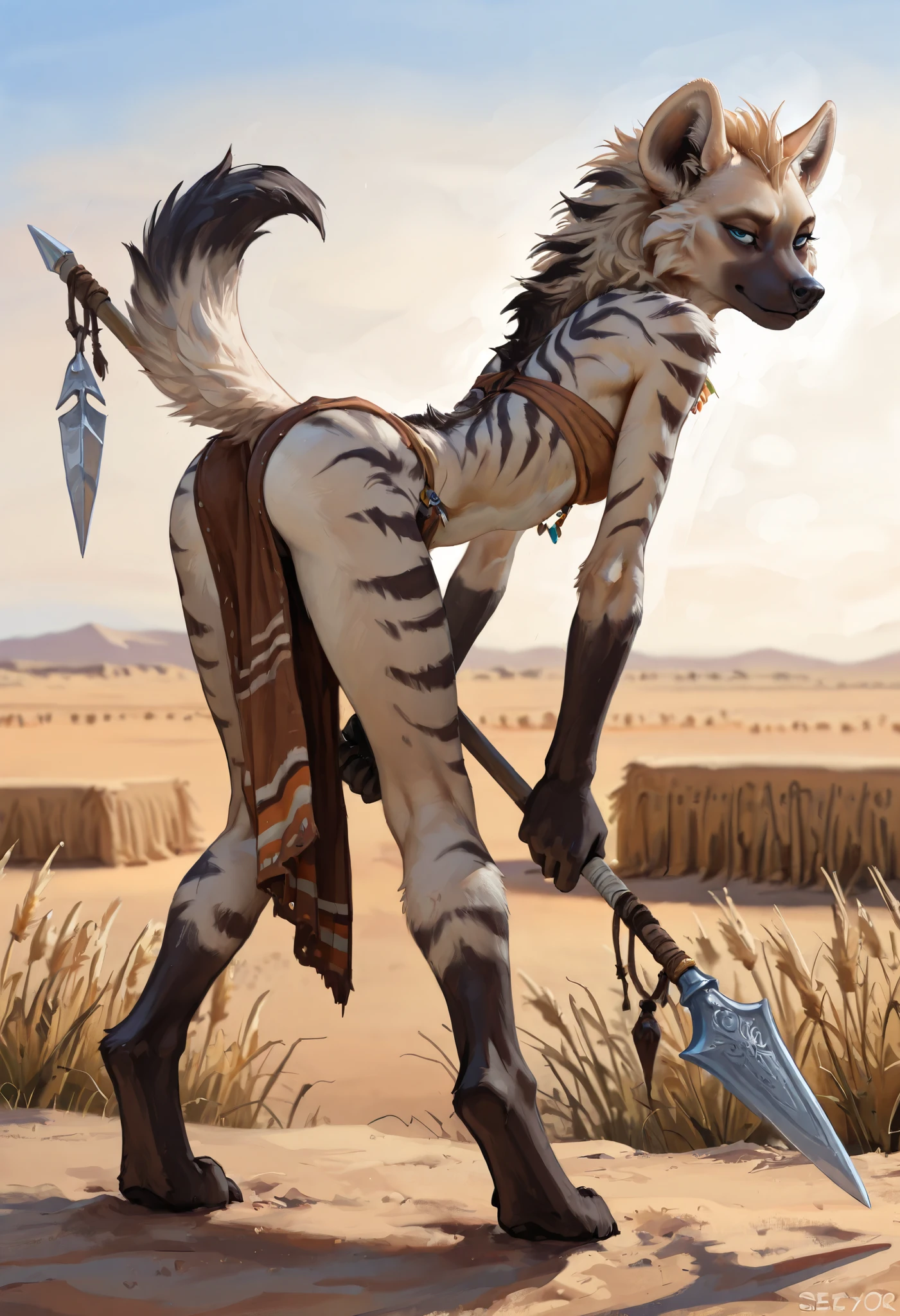 ((Striped Hyena)), solo, female, (anthro), (by seyorrol), ((watercolor background, savanna desert background)), realistic shading, (epic, masterpiece, high quality, 8k, ultra HD, absurd res, top quality, best quality, max quality, masterpiece), ((((feminine body, feminine features)))), ((skinny)), (perfect hands), realistic blue eyes, bent over ass to viewer, back view, three quater view, squinting, digitigrade, (standing proudly, holding spear), (dynamic lighting), detailed fur, ((stoic expression)), ((three quarter view)), looking at camera, white fur, dark stripes, loincloth