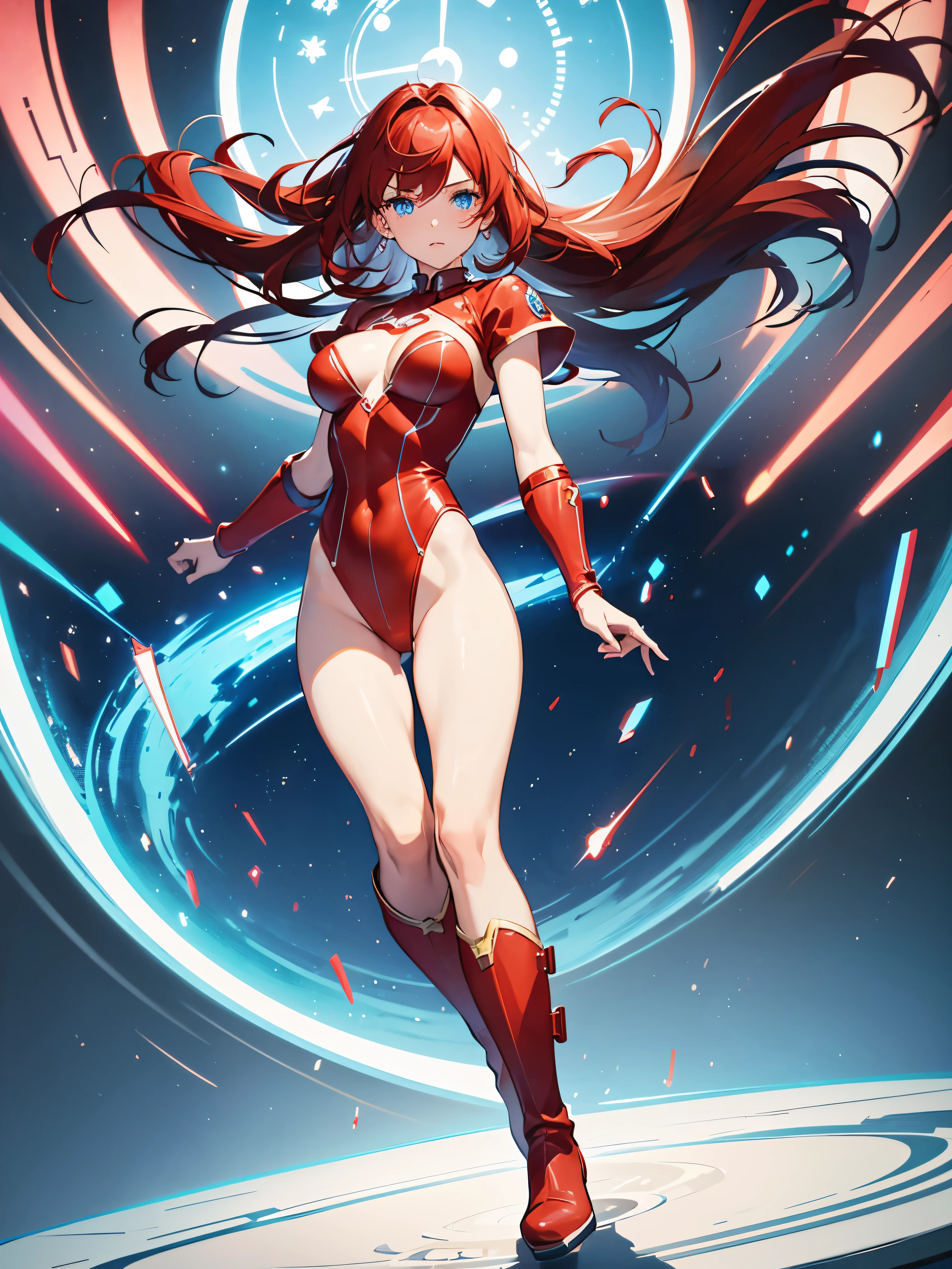 A girl in a red anime costume holds a red spear,She is wearing a bird costume,(blue color eyes),Inspired by::::::::《Shin Evangelion》Pleiades Asuka Langley. She has a portrait of Asuka Langley Subaru, a beautiful character in the series. Her costume has a hidden Asuka pattern underneath! There are flying birds in the background. (Best quality,4K,8K,A high resolution,tmasterpiece:1.2)