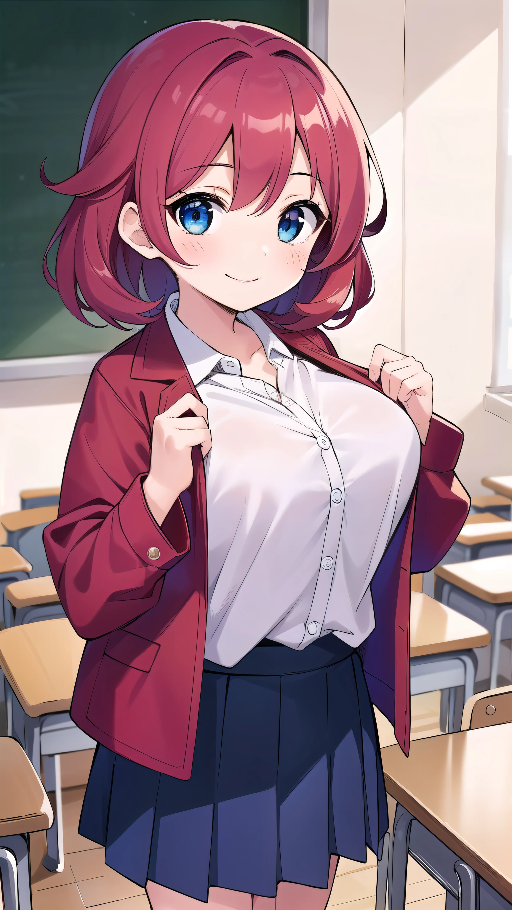Big breasts, red hair, blue eyes, droopy eyes, red jacket, (super big breasts:1.1), (medium hair: 1.1), baggy clothes, elementary school student, young face, short height, ,, shy , smiling a little, straight hair，, cute clothes, 
