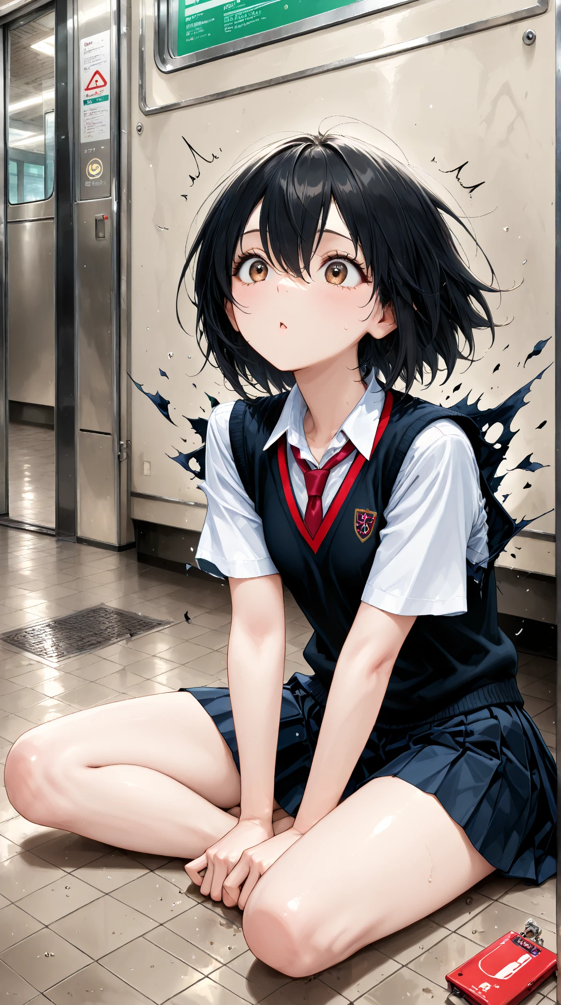(masterpiece), best quality, expressive eyes, perfect face,skirt, peniparker, w sitting, siting on ground legs on ground, arms between legs, both arms between legs, adult looking, big breast, good breast