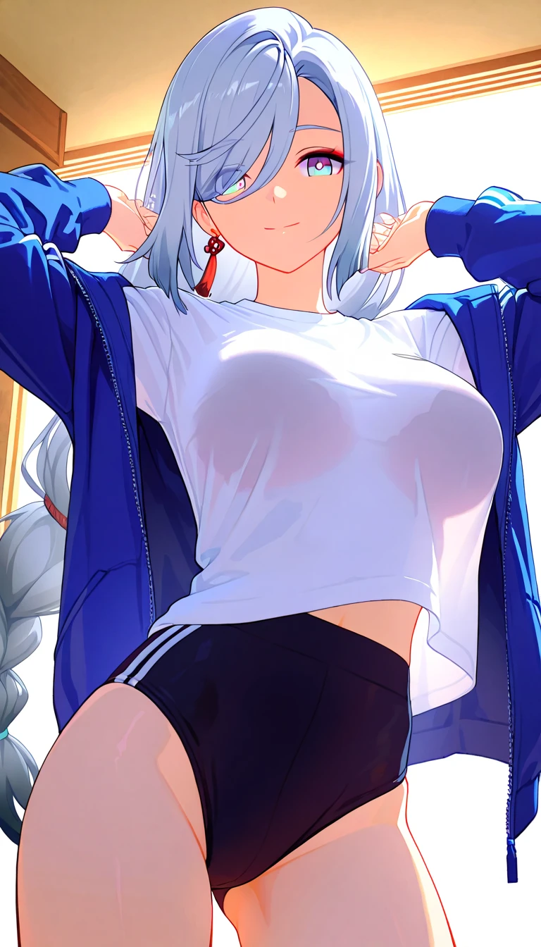 score_9, score_8_up, score_7_up, score_6_up, score_5_up, score_4_up, source_anime
, 1girl, nahida (genshin impact), genshin_impact, white hair, small breasts, collarbone,  floox style, \\\\\  jacket,, open clothes, green jacket, green track suit,, sportswear, standing, track jacket, green track pants, track suit, \\\\\ steam, steaming body, sweat,, rating_explicit, high resolution, deep breath, head out of frame, grey background, solo, , finger frame
,  bandaid on nipples, (loli:1.2)