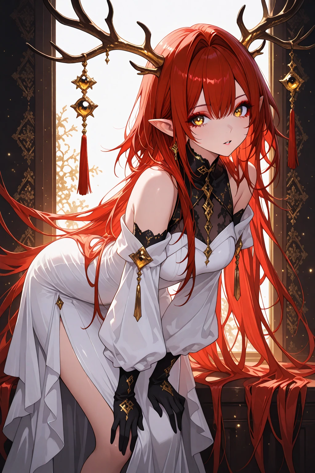 source_anime, score_9, score_8_up, score_7_up, score_6_up, score_5_up, score_4_up,
1girl, solo, long hair, open mouth, red eyes, long sleeves, dress, bare shoulders, twintails, jewelry, standing, ass, ahoge, red hair, earrings, frills, detached sleeves, pointy ears, looking back, wide sleeves, from behind, :o, profile, shorts, red dress, frilled sleeves, index finger raised,
<lora:bugbugXL:1>