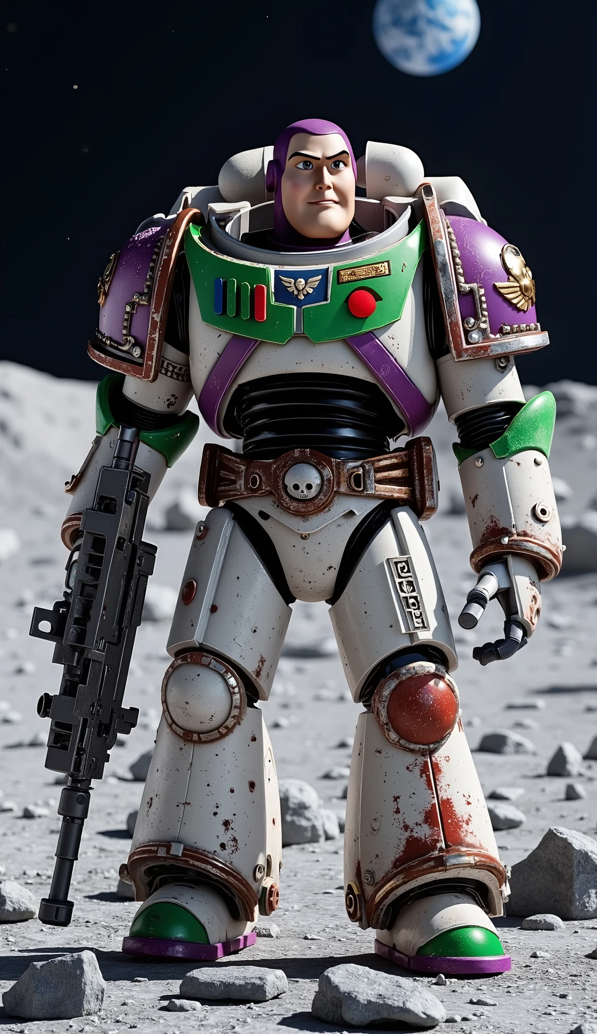 ((Hyperrealistic)) ((Photorealistic)) surface of the Moon. Add "Buzz Astral from Toy Story" and Adeptus Astartes hybrid character in white/purple/green/red colors of armor. Add a bolter in his hand.