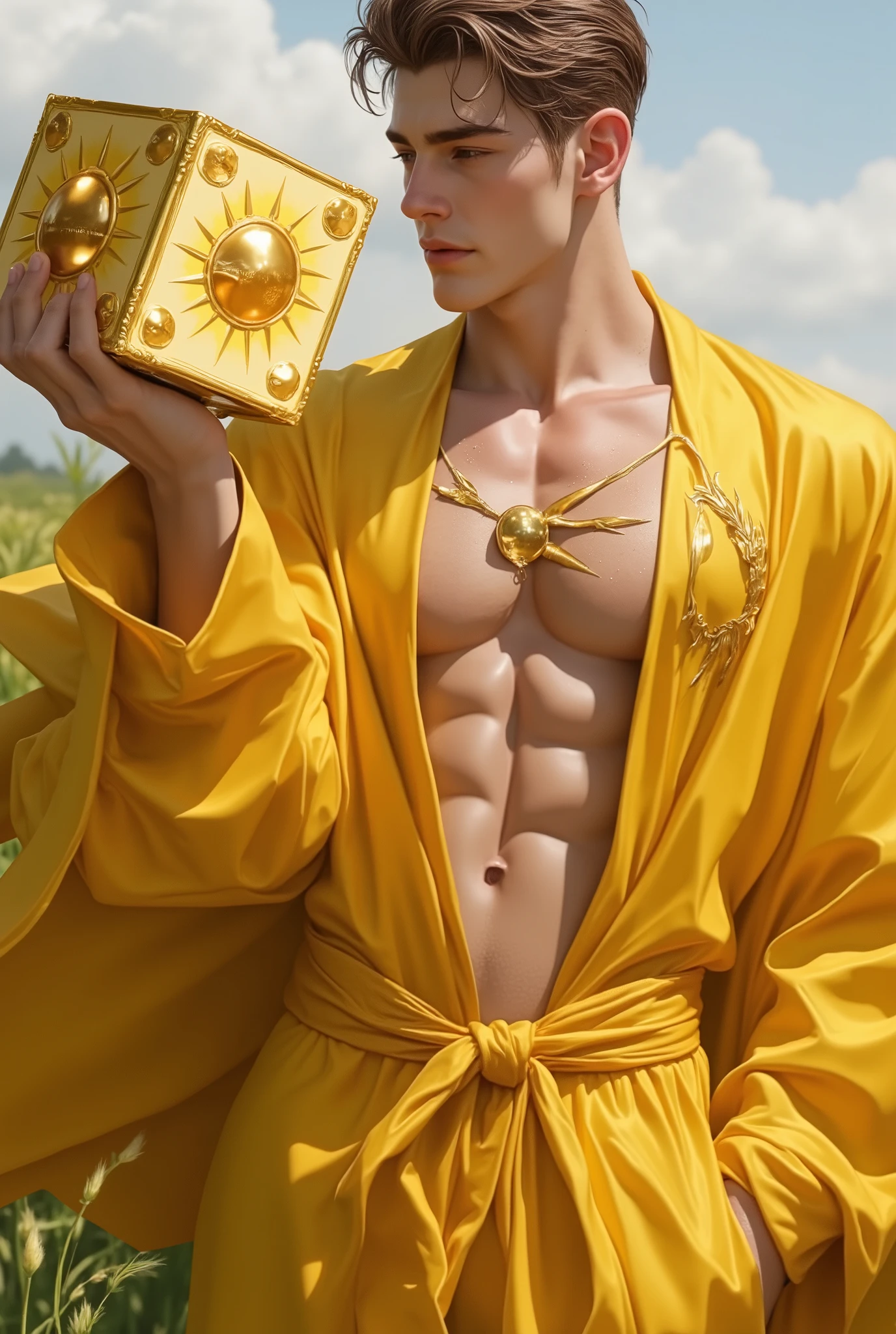 Young wizard man, Handsome, sexy in a rich yellow outfit, tunic style that leaves your abdomen exposed, with a with glemering golden sun logo. super shiny cube box in his right hand , pronounced glutes, delicate appearance. weadow background photo style. light amber brown, Modern Pompadour + Drop Fade hair styles