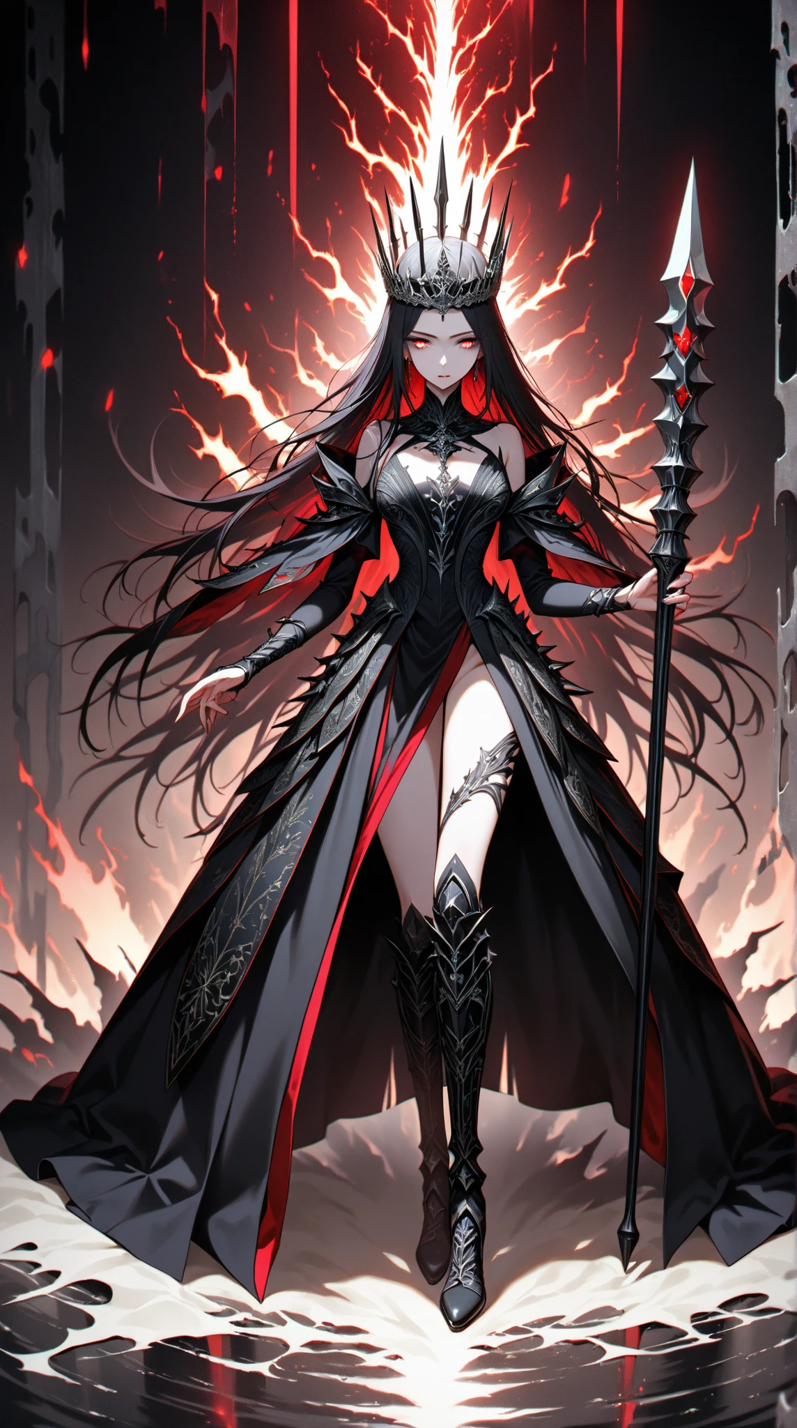 a gothic beauty with long dark hair and bangs no background but powder explosion full body front view