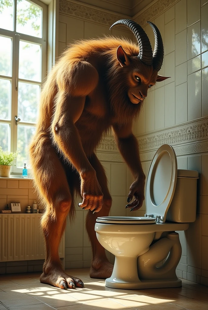 Fat werewolf in a bathroom with his bare ass and socks on, viewed from behind, bending over, photo taken from behind, pov from rear, (nsfw) not safe for work, squatting down next to a mirror, photo from behind, picture from behind, somewhat bent over, rugged and dirty, long shot from back