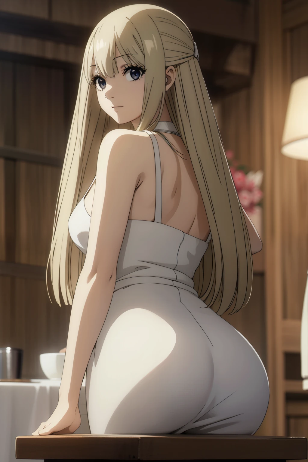 film movie still、1girl、24 years、pale-skinned、innocent smiles, hair in front of one eye、((A detailed face))、(Detailed skin)、Moist with intricate details、Shallow depth of field、[volume fog、shot at 8k resolution, blonde haired, detailed hair, RED SUNDRESS, Green eyes,Close-up, PERFECT BODY FIGURE, BIG ASS, FOCUS ON THICC ASS, FACE DOWN ASS UP