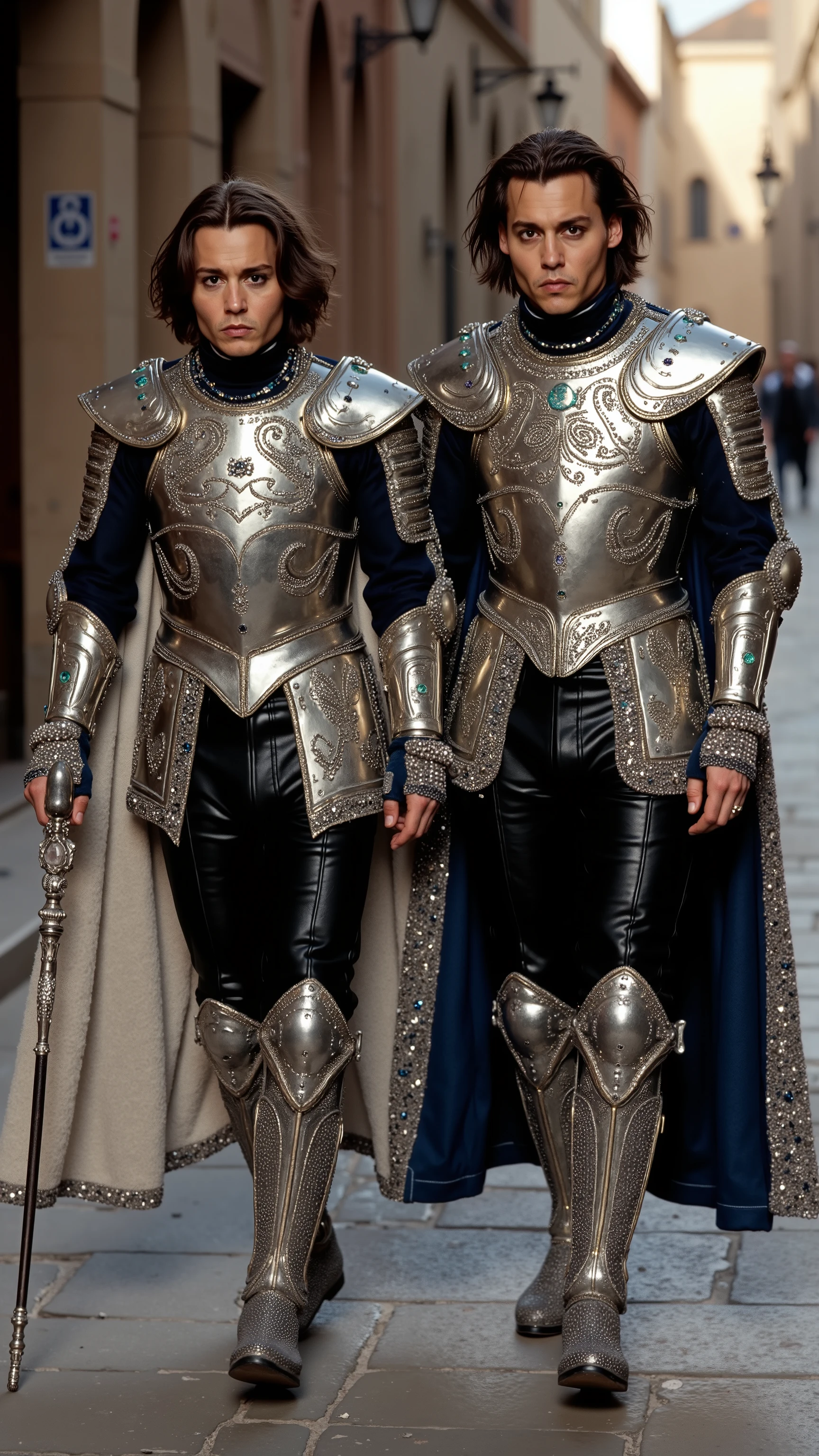 Two absolutely the same Johnny Depps reimagined as a human-Gemini hybrid walking and holding silver staffs、dramatic atmosphere, 1 male、
medium-length, tousled dark hair, expressive dark eyes, and sharp facial features.
They wear ultra-luxurious armor crafted from polished silver and light platinum metal, adorned with intricate engravings of twin symbols, mirrored patterns, and celestial motifs. Their breastplate features a central motif of two intertwined figures surrounded by detailed etchings of stars and geometric designs, inlaid with diamonds, opals, and aquamarines. The pauldrons are asymmetrical, with one shaped like a wing and the other like a mirror, edged with platinum and decorated with sapphire, topaz, and crystal gemstones. A two-toned velvet cloak, one side silver and the other pale white, is embroidered with silver and crystal twin symbols and zodiac designs. The cloak is fastened by a brooch shaped like the Gemini symbol, surrounded by mirrored platinum rings encrusted with diamonds and clear quartz. His gauntlets and boots are adorned with mirrored designs, combining silver metalwork with clear crystal inlays, featuring delicate gemstone accents on every edge and seam.
In their hands, they hold magnificent silver staffs, their shafts wrapped in dual patterns of flowing lines and sharp angles. The staff is crowned with a crystal orb encased in twin metal rings, each decorated with mirrored designs and small sapphire stones.
Shows his male character's full figure, athletic body, perfect face, full body, extremely beautiful, male shape, and perfect anatomy.The background features a medieval, lonely, empty street with old buildings and stone pathways. The ground is paved with smooth stones. The sunny day, photorealistic, masterpiece, realistic, high contrast, 8k, HD, high definition detailed, detailed, hyper detailed, realistic skin texture, best quality, ultra high resolution, hyper realistic, no text, very detailed eyes, dramatic lighting