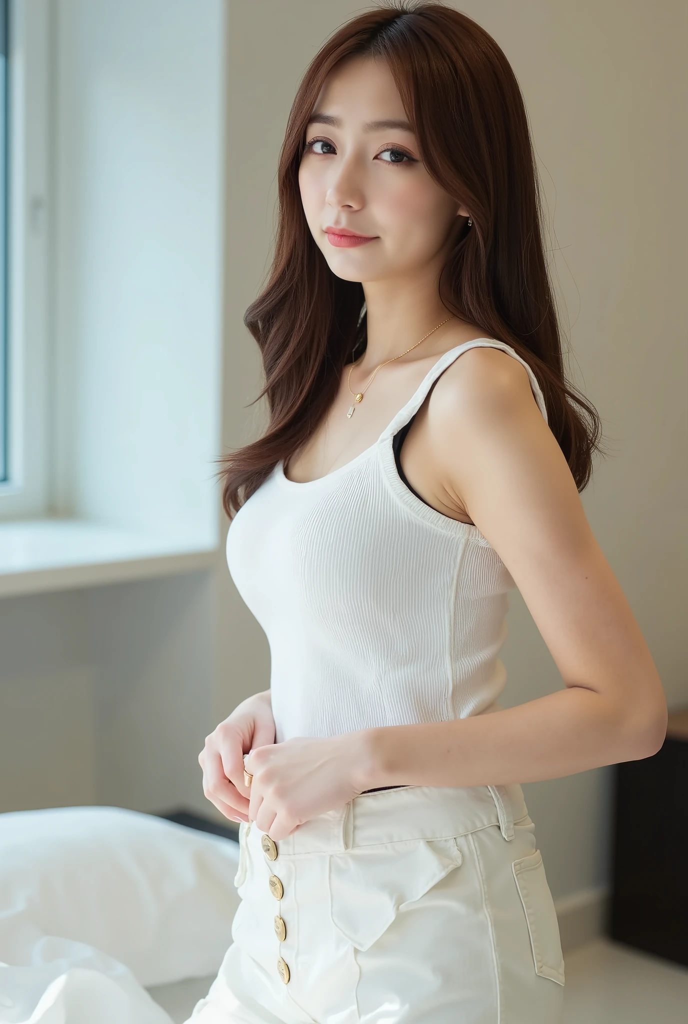 ((TOP QUALITY , 8k)), ( masterpiece ), perfect face , sleeveless,        pants, cute,people々々 ,   white knit   ,Age 33, beautiful,    office,woman　,people々between,full body,Front , Transparent, is nice,slightly larger breasts, forward bending,