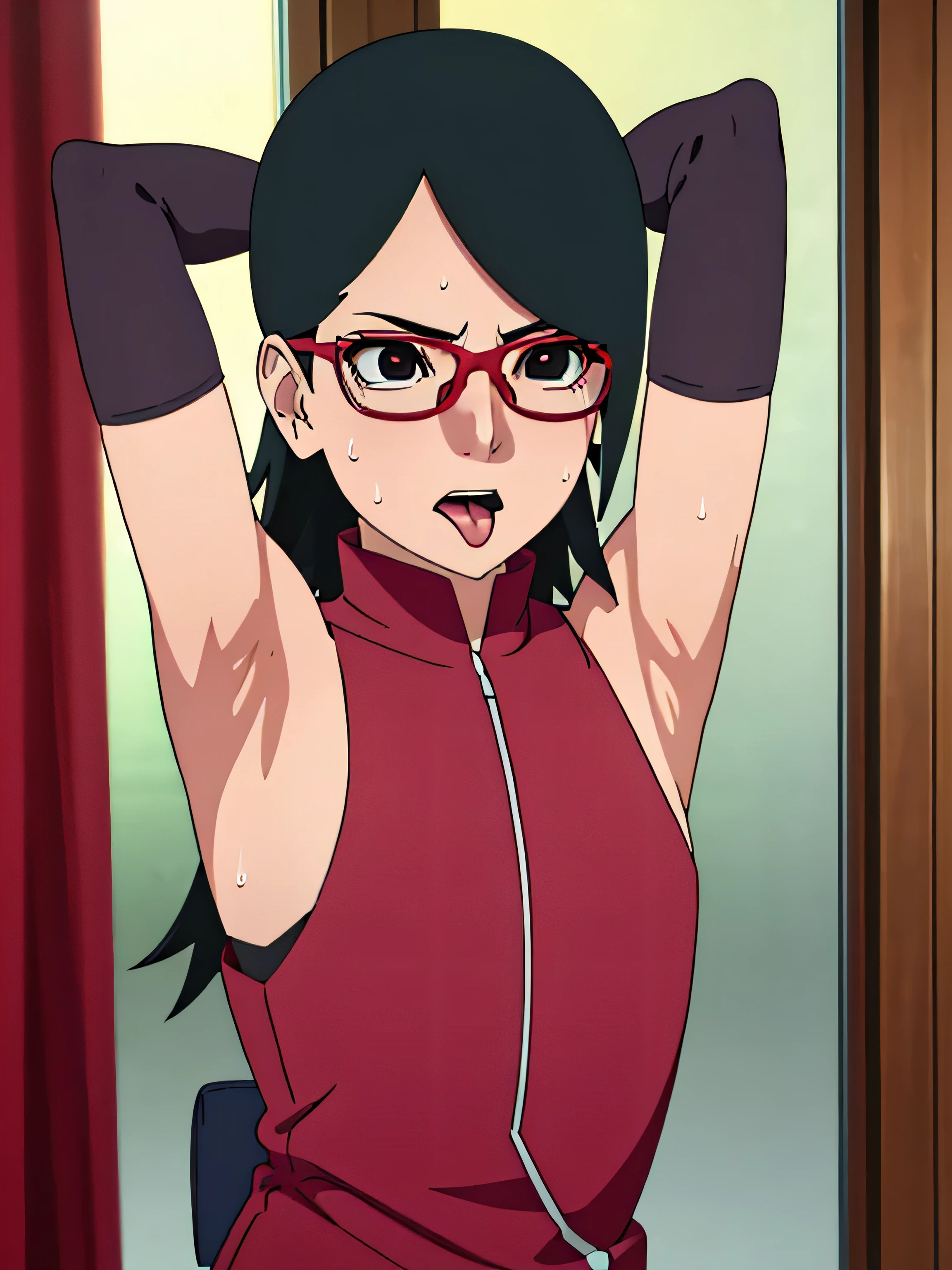 Sarada Uchiha,human woman with fair skin. She is a r with black eyes and red clothing. Her hair is black in color; She is beautiful.Wearing red rimmed glasses.Tsundere face. Pink eye shading,mature appearance,armpits,sweat,sweaty,sweaty armpits,arms up,showing armpits,awesome armpits,outfit,blackish red arm warmers,maroon arm bands,maroon arm warmers,showing tongue,tongue out