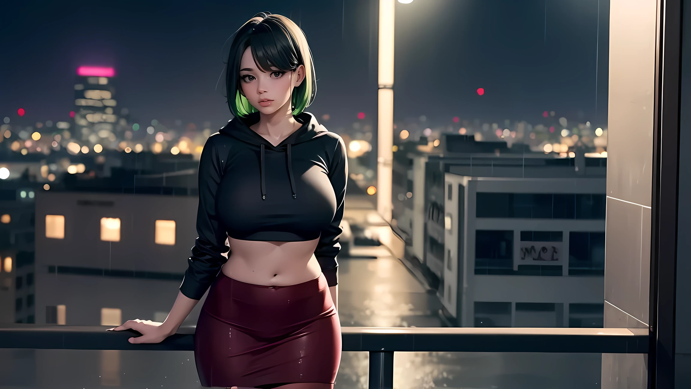 Anatomically correct, Beautiful face, Perfect face, Highly detailed beautiful face and eyes, Attractive face, Detailed face, Delicate facial features, Detailed skin, nice breasts, milf, mature woman, Sensual woman, Seductive, BREAK, hand behind back, A reflective woman standing on a glass balcony during twilight, wearing a lightweight skirt and a cropped hoodie. Her ombre green hair shimmers faintly under the dim, rainy sky. She gazes at the city below, where blurred neon lights and wet streets create a dreamy, melancholic atmosphere. The vibe is serene and introspective."