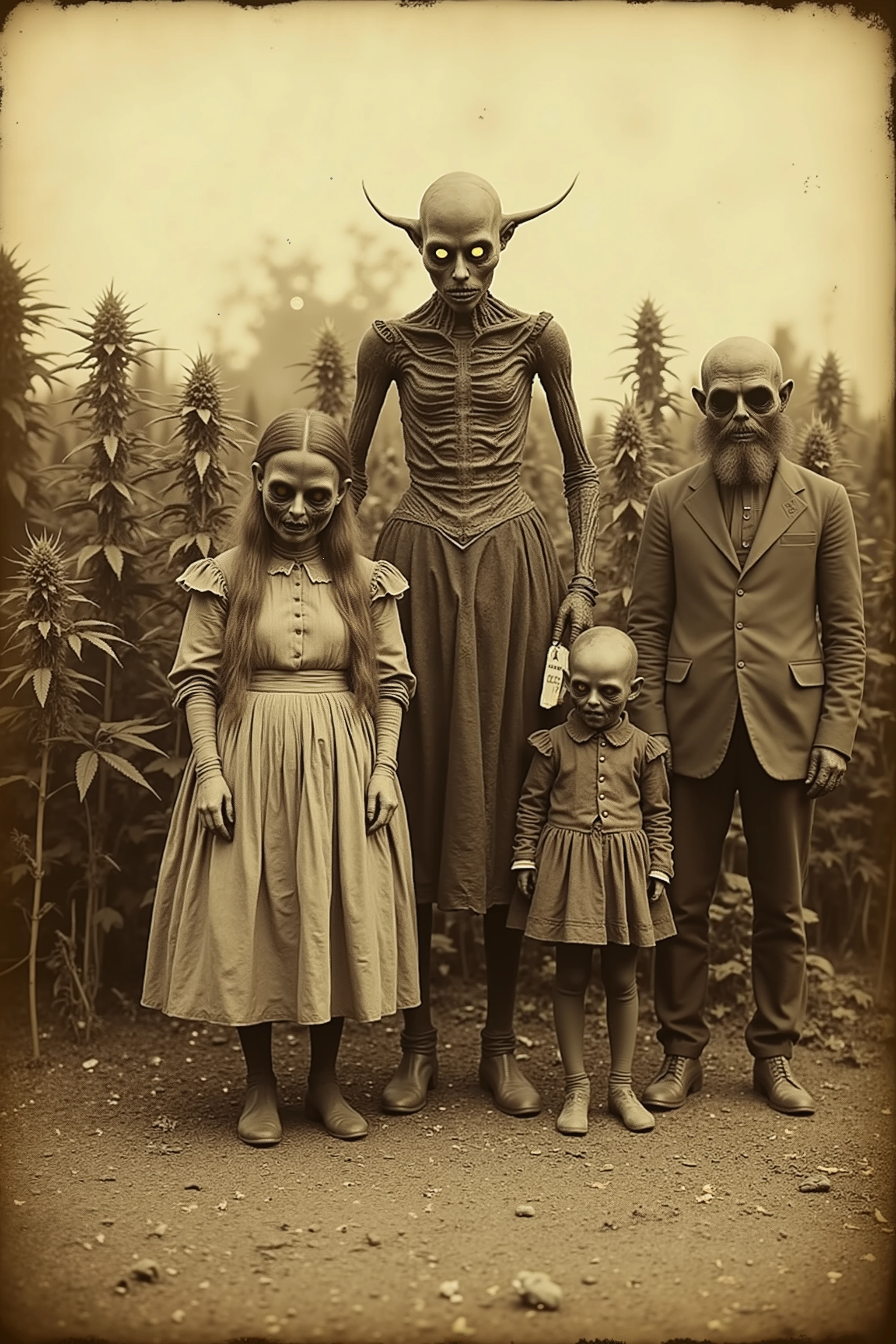 Daguerreotype, tintype. Bizarre, creepy, weird stuff, detailed surreal scene, outdoors, humanoid family with distorted features, unnatural anatomy, twisted haunted detailed facial expressions, unsettling atmosphere, field of Marijuana plants behind them, glowing orbs in the sky, eerie shadows, presence lurking, partially seen, dark faces with lit up eyes lurkng around the plants, dark, moody, cinematic horror lighting, digital art, concept art, 8K, high resolution, ultra-realistic, photorealistic, physically-based rendering, spooky, scary, long lost photo, photo brown and yellowed with age, antique photo, unsettling, gothic, dark side art, masterpiece.