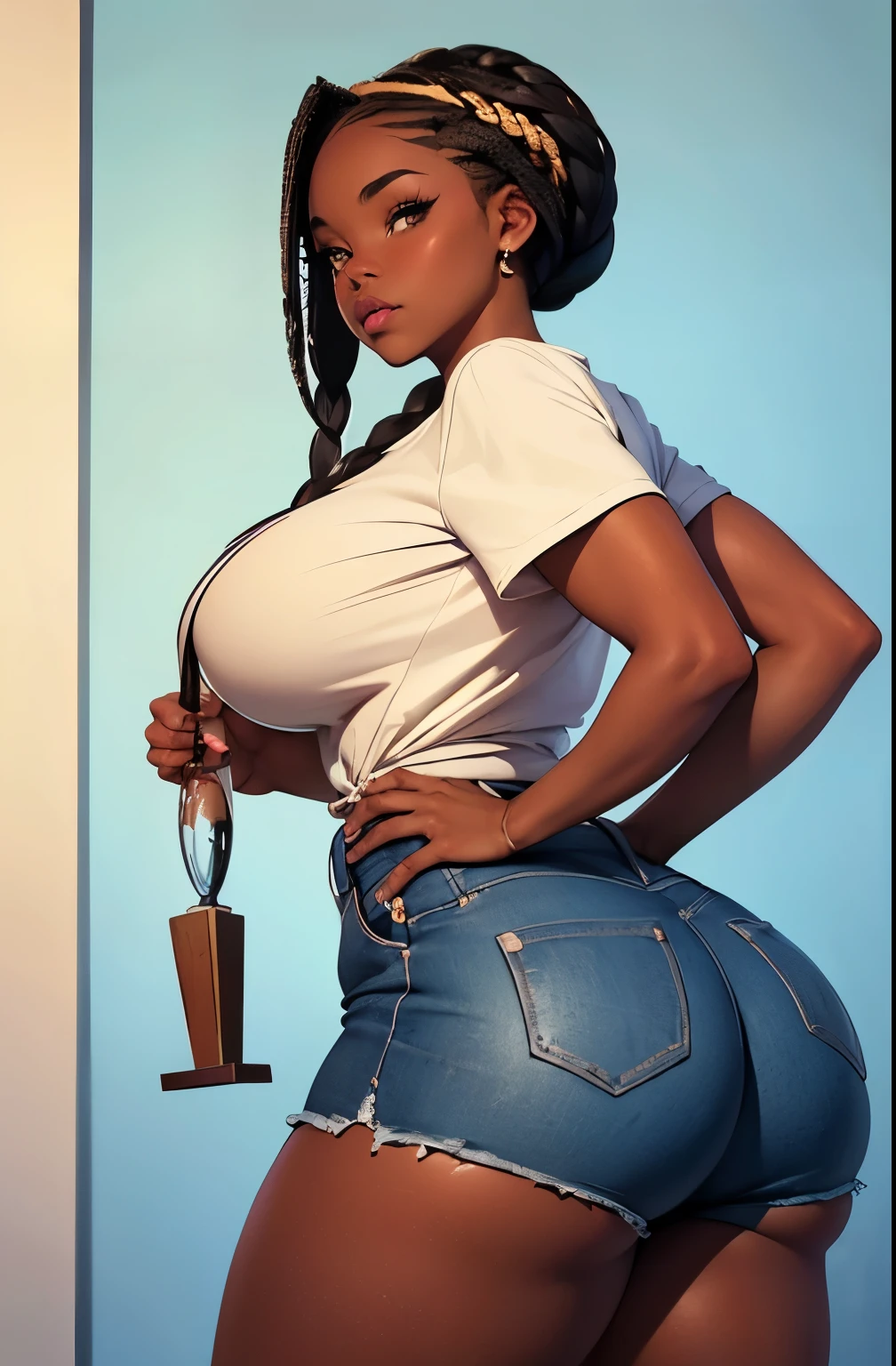 work of art, high quality, high resolution, volumetric lighting, underground dispersal, 8k, beautiful woman, (dark skin), Filipino, college student, 's uniform, (big-ass), breasts big, (tight shirt), (cotton shorts:1.2), Wavy hair, pony tail, bangs, headband, hoop earnings, class room, pose sexy, seductively pose, 3/4 shot, cowboy shot, ((slim thick body:1.4)), thick thighs, round-butt, open mouth, big lips, screaming, orgasm, night time, eyes closed