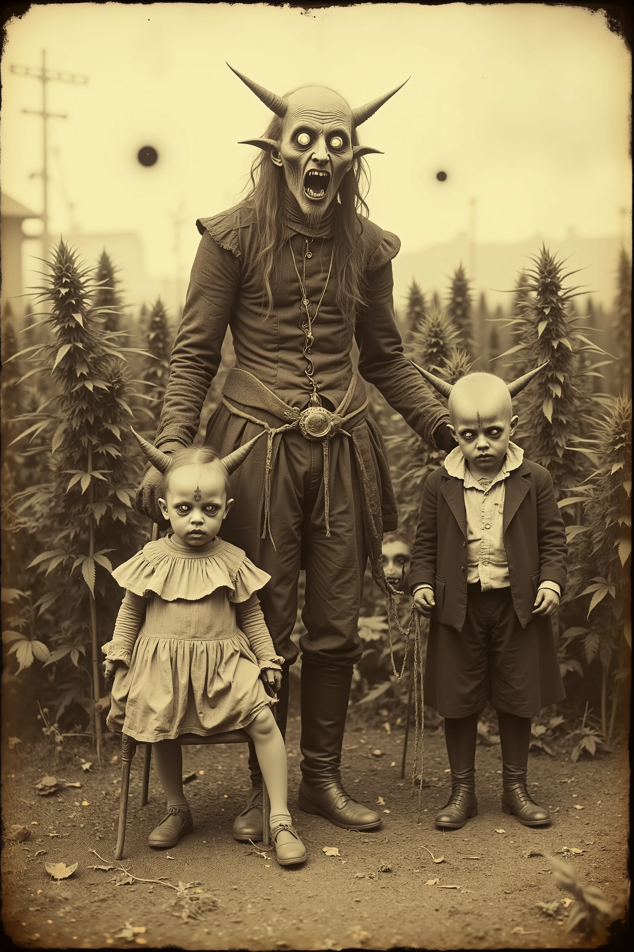 Daguerreotype, tintype. Bizarre, creepy, weird stuff, detailed surreal scene, outdoors, humanoid family with distorted features, unnatural anatomy, twisted haunted detailed facial expressions, unsettling atmosphere, field of Marijuana plants behind them, glowing orbs in the sky, eerie shadows, presence lurking, partially seen, dark faces with lit up eyes lurkng around the plants, dark, moody, cinematic horror lighting, digital art, concept art, 8K, high resolution, ultra-realistic, photorealistic, physically-based rendering, spooky, scary, long lost photo, photo brown and yellowed with age, antique photo, unsettling, gothic, dark side art, masterpiece.