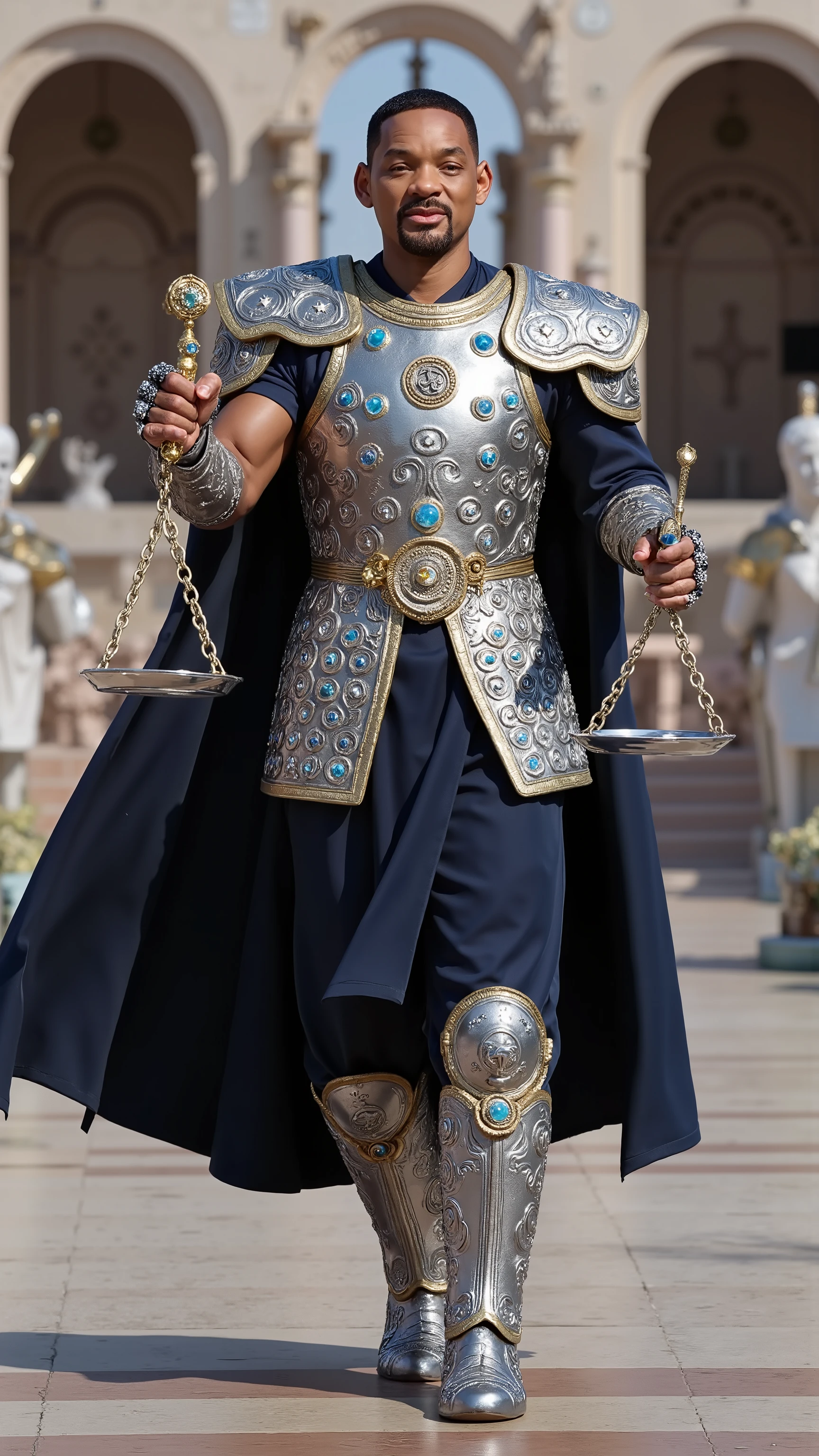 Will Smith reimagined as a majestic human-Libra hybrid walking and holding a silver scale, dramatic atmosphere, 1 male､ 

short, neatly styled black hair, warm brown eyes, and a balanced, symmetrical face. His features are sharp yet approachable, with a golden circlet on his head, adorned with small scales and sapphire gemstones. His hands are elegant, with long fingers that add a touch of refinement to his regal appearance.

He wears ultra-luxurious armor crafted from polished silver and white gold, adorned with intricate engravings of scales, feathers, and balanced geometric patterns. His breastplate features a central motif of perfectly balanced scales, inlaid with white opals and blue topaz. The pauldrons are shaped like wings, edged with platinum and decorated with small sapphire accents. A deep blue velvet cloak, embroidered with silver patterns of balanced scales and celestial symbols, flows behind him, fastened by a brooch shaped like the Libra symbol encircled by a laurel wreath. His gauntlets and boots feature elegant, sweeping lines with polished silver details.

In his hands, he holds an ornate silver scale. The central pole is wrapped in intricate silver filigree, with two perfectly balanced trays hanging from delicate chains. The trays are decorated with etched patterns of stars and feathers, and small gemstones are set along the edges.

Shows his male character's full figure, athletic body, perfect face, full body, extremely beautiful, male shape, and perfect anatomy. The background features a grand marble courtyard with perfectly symmetrical arches, stone pathways, and balanced statues holding silver scales. Fountains with clear water create gentle arcs, and the sky is bright with evenly cast natural light, photorealistic, masterpiece, realistic, high contrast, 8k, HD, high definition detailed, detailed, hyper detailed, realistic skin texture, best quality, ultra high resolution, hyper realistic, no text, very detailed eyes, dramatic lighting