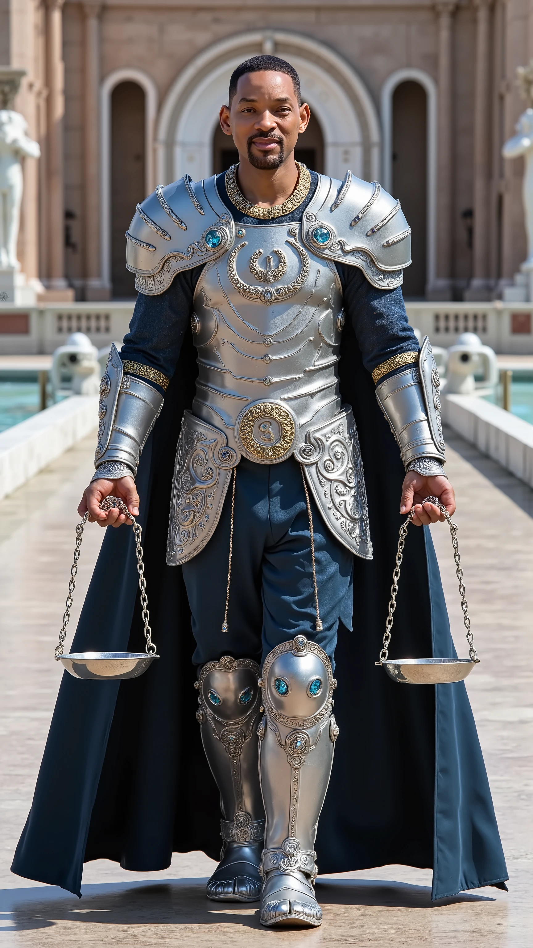 Will Smith reimagined as a majestic human-Libra hybrid walking and holding a silver scale, dramatic atmosphere, 1 male､ 

short, neatly styled black hair, warm brown eyes, and a balanced, symmetrical face. His features are sharp yet approachable, with a golden circlet on his head, adorned with small scales and sapphire gemstones. His hands are elegant, with long fingers that add a touch of refinement to his regal appearance.

He wears ultra-luxurious armor crafted from polished silver and white gold, adorned with intricate engravings of scales, feathers, and balanced geometric patterns. His breastplate features a central motif of perfectly balanced scales, inlaid with white opals and blue topaz. The pauldrons are shaped like wings, edged with platinum and decorated with small sapphire accents. A deep blue velvet cloak, embroidered with silver patterns of balanced scales and celestial symbols, flows behind him, fastened by a brooch shaped like the Libra symbol encircled by a laurel wreath. His gauntlets and boots feature elegant, sweeping lines with polished silver details.

In his hands, he holds an ornate silver scale. The central pole is wrapped in intricate silver filigree, with two perfectly balanced trays hanging from delicate chains. The trays are decorated with etched patterns of stars and feathers, and small gemstones are set along the edges.

Shows his male character's full figure, athletic body, perfect face, full body, extremely beautiful, male shape, and perfect anatomy. The background features a grand marble courtyard with perfectly symmetrical arches, stone pathways, and balanced statues holding silver scales. Fountains with clear water create gentle arcs, and the sky is bright with evenly cast natural light, photorealistic, masterpiece, realistic, high contrast, 8k, HD, high definition detailed, detailed, hyper detailed, realistic skin texture, best quality, ultra high resolution, hyper realistic, no text, very detailed eyes, dramatic lighting