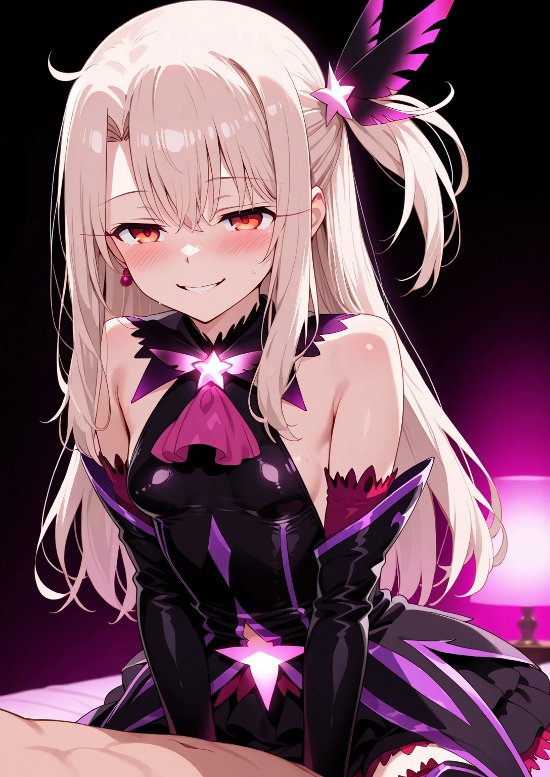 Night、Illyasviel von Einzbern 、 black background、Evil Background、Hotel Bedroom、Sensual pink light、 small Breasts、Volume、 upper body、Evil girl、Netorare Face, NTR, cheating, fantasy、 with a condescending smile、Girl into evil、 falls into the dark、white hair, red eyes, long hair,side ponytail, hair ornament, black dress, magical girl, corruption, detached sleeves, black thigh Boots