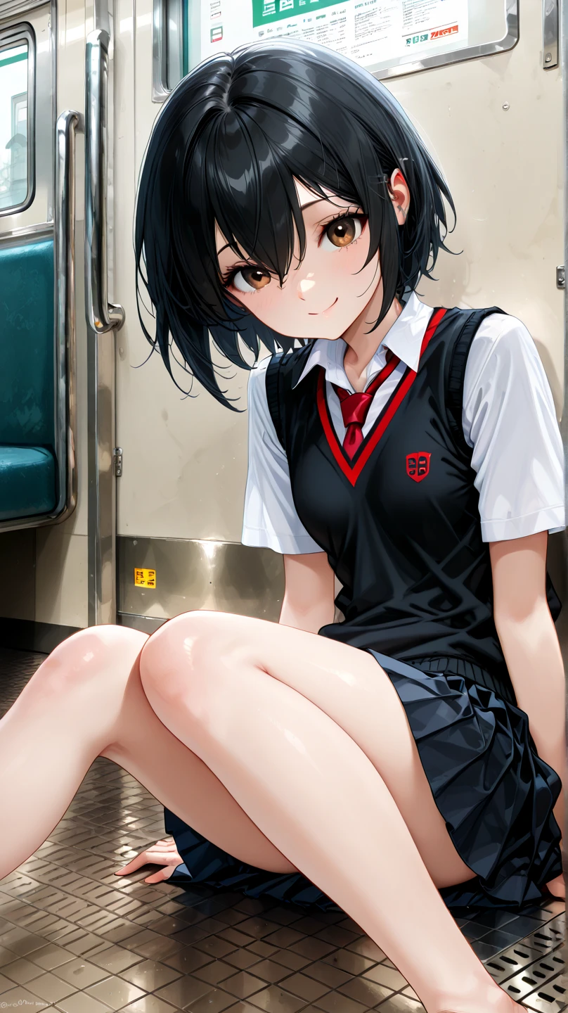 peniparker, small breasts, sleeveless,nsfw, socks,miniskirt,black panties,indoor,looking viewer,smile,classroom,open legs,spread legs,sit on chair