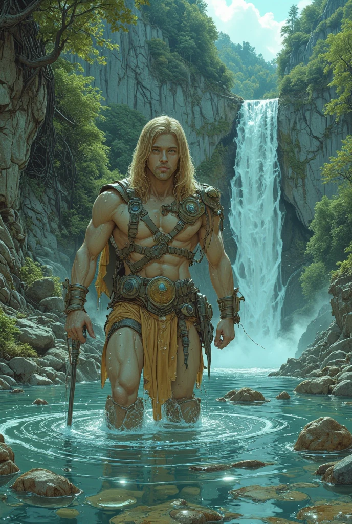 A highly realistic panoramic sunlight image of Tarzan and his blonde Jane with massive breasts, half-naked dressed in a loincloth of primeval man, both standing dripping with water in the crashing waters of a waterfall half surrounded by jungle trees in 10000 BC, HD photography, ultra-realistic, King Tut, 4k, hyper-realistic, sharp texture, colour