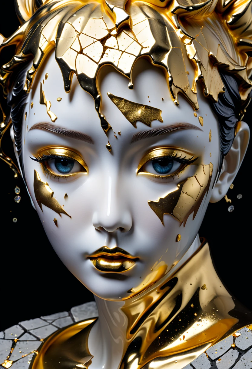 (horrified),Perfect eyes,((exhibit,Still Life Table,Artistic statues,3D Sculpture,ceramics,Surface cracks,Shattered Texture)), Show the beauty of nature.Kaneko,Gold Dust,portrait, This artwork is presented on a black background,Emphasize its artistic quality.