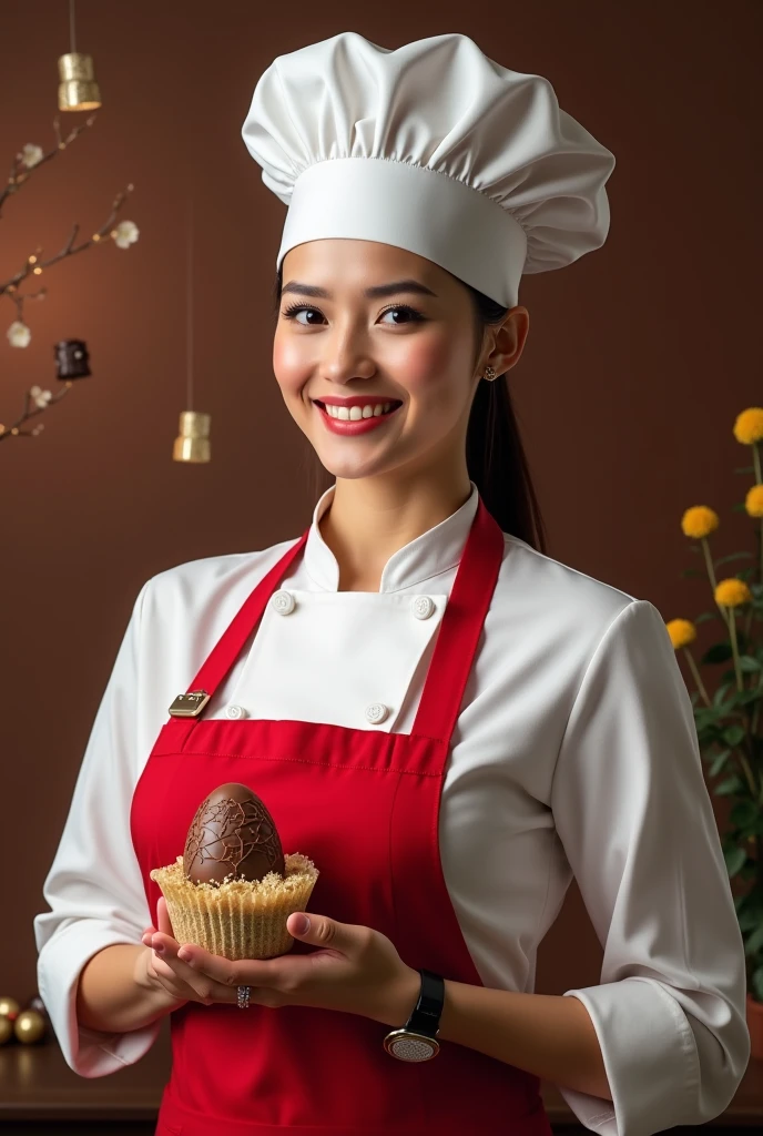 Create an Easter advertising image showing a professional female pastry chef wearing a chef's uniform and hat, holding a chocolate Easter egg. The scenery should have vibrant colors (red, brown and gold) and elements that refer to Easter (like chocolate eggs, rabbits or flowers ). with a clean and modern design , realistic photographic style, professional lighting and high level of detail. Focus attention on the pastry chef and the Easter egg, conveying the idea of profitability and business opportunity. Ultra-realistic rendering, breasts. studio lighting