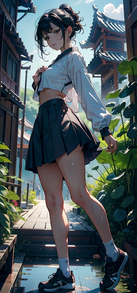 1 female，Number 11，little girl，little loli，Under small breasts ，exposure， solo，（background with：bamboo forest，lotus，lotus，Exterior，Lotus Pond） She has short black hair，stand up，Sweating，Soaked all over，View from the front， straight hair， The sky is mostly cloudy，（（（masterpiece），（Very detailed CG unified 8k wallpaper），best quality，light，detailed background，Beautiful and delicate eyes，bright pupils，black eyes，（Very delicate and beautiful），（Beautiful and detailed eye descriptions），Super detailed，masterpiece，）），face camera，high resolution，Super detailed），violent house，Bare genitals，  convex，legs are open，convex起性感，camel toe，complexion，open mouth，street frontage，college aged，（wear：Uniforms，Sky blue loose shirt，black pleated skirt，White calfskin socks，black sneakers）Full body image，show shoes