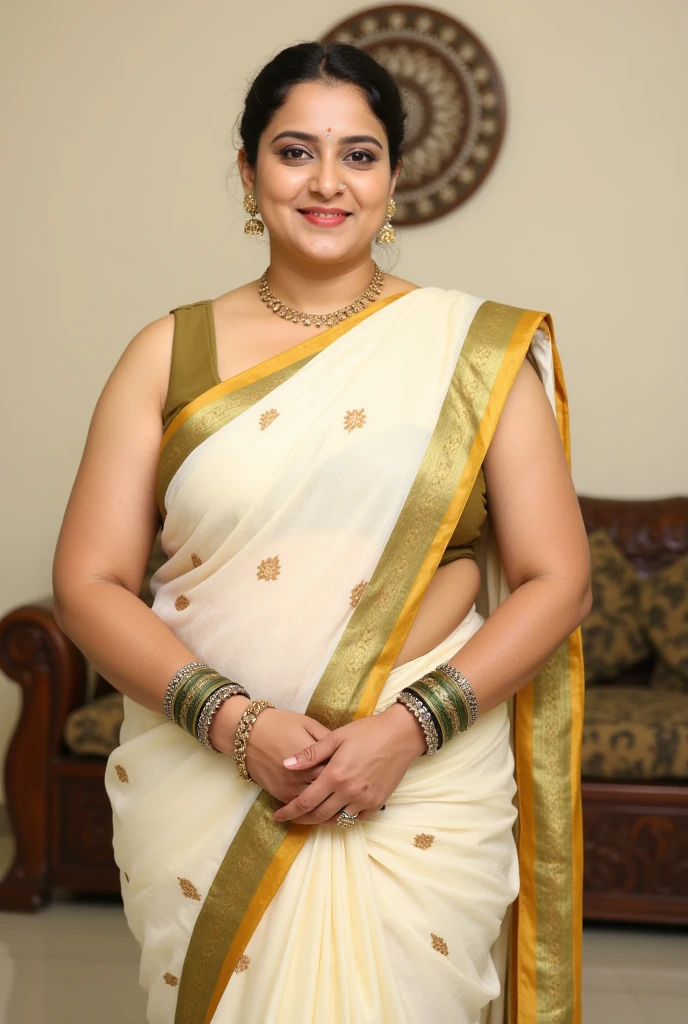 Indian chubby curvy girl with indian skin tone and with black oiled hair wearing saree in outdoor