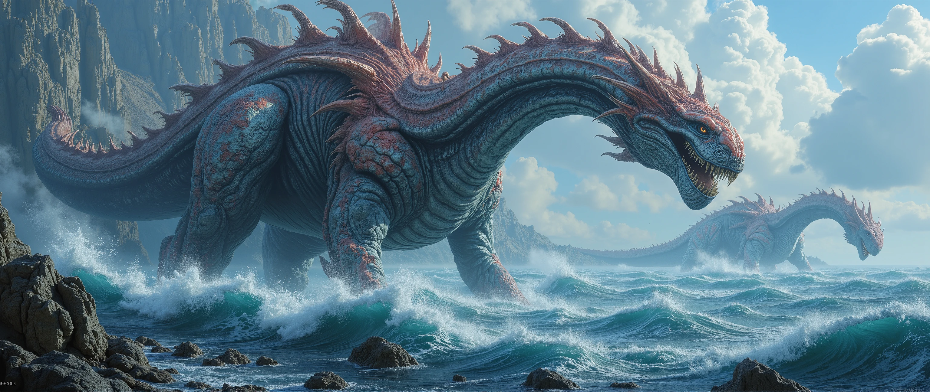 epic oil painting , 16 thousand., photo quality, The fantasy zone , scrupulous drawing of all the little details, 10000 years , — a very futuristic landscape with fantastic sea monsters , , incredible detail with thousands of small details , a deep-sea monster of a prehistoric monster raised its face above the water on its long neck , all the accents are on a monster of incredible detail ,