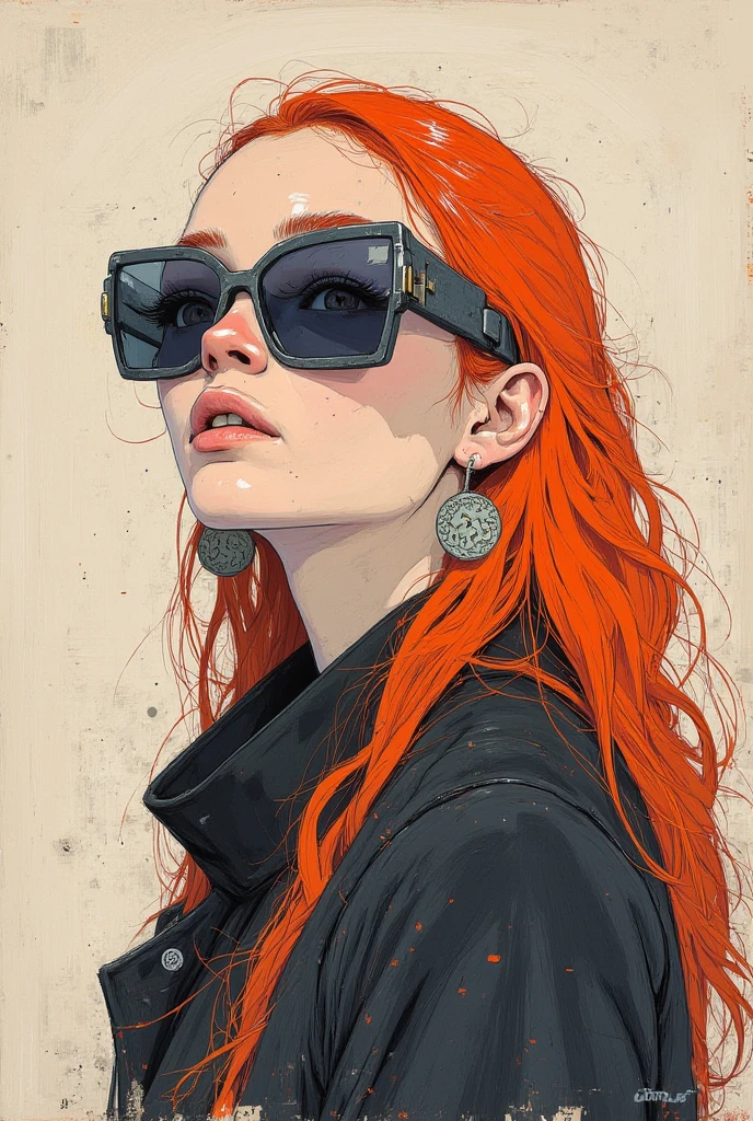 An artistic sketch of a modern sunglasses, beautiful woman, long curly red hair, big earings, black hoody and coat. The portrait features a mix of minimalistic linework and painterly strokes in soft, muted tones of beige, gray, lavender, and hints of red. The loose brushstrokes blend seamlessly with the textured canvas background, creating an abstract yet intimate atmosphere by Gustav Klimt