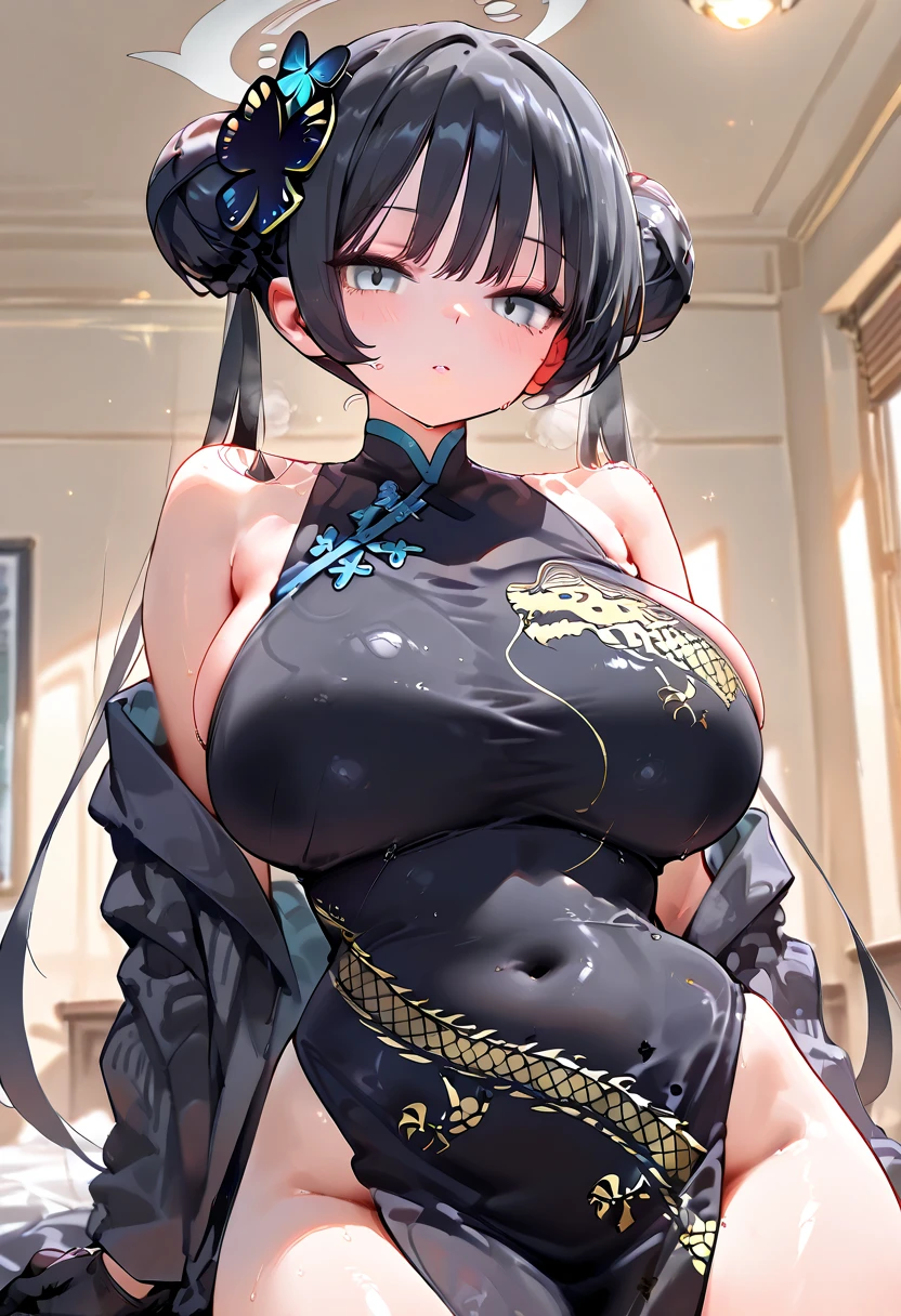(masterpiece:1.2, best quality), (finely detailed eyes: 1.2) (ultra-detailed, hires), (detailed face, detailed eyes), (best illumination), detailed glow, high contrast, looking at viewer, ((solo)), calm, smile, squinted eyes, closed mouth, 1girl, huge breasts, wide hips, thin waist, kisaki_(blue_archive), black_hair, blue eyes, short hair, hair between eyes, double buns, sexy qipao, sideboobs, pink lips, face shot, cowboy shot, no background, empty background, (masterpiece, best quality, very aesthetic, absurdres), (ultra detailed perfect piece:1.2), illustration, masterpiece, (extremely detailed CG 8k), (very fine 8K CG), <lora:add-detail-xl:-1>