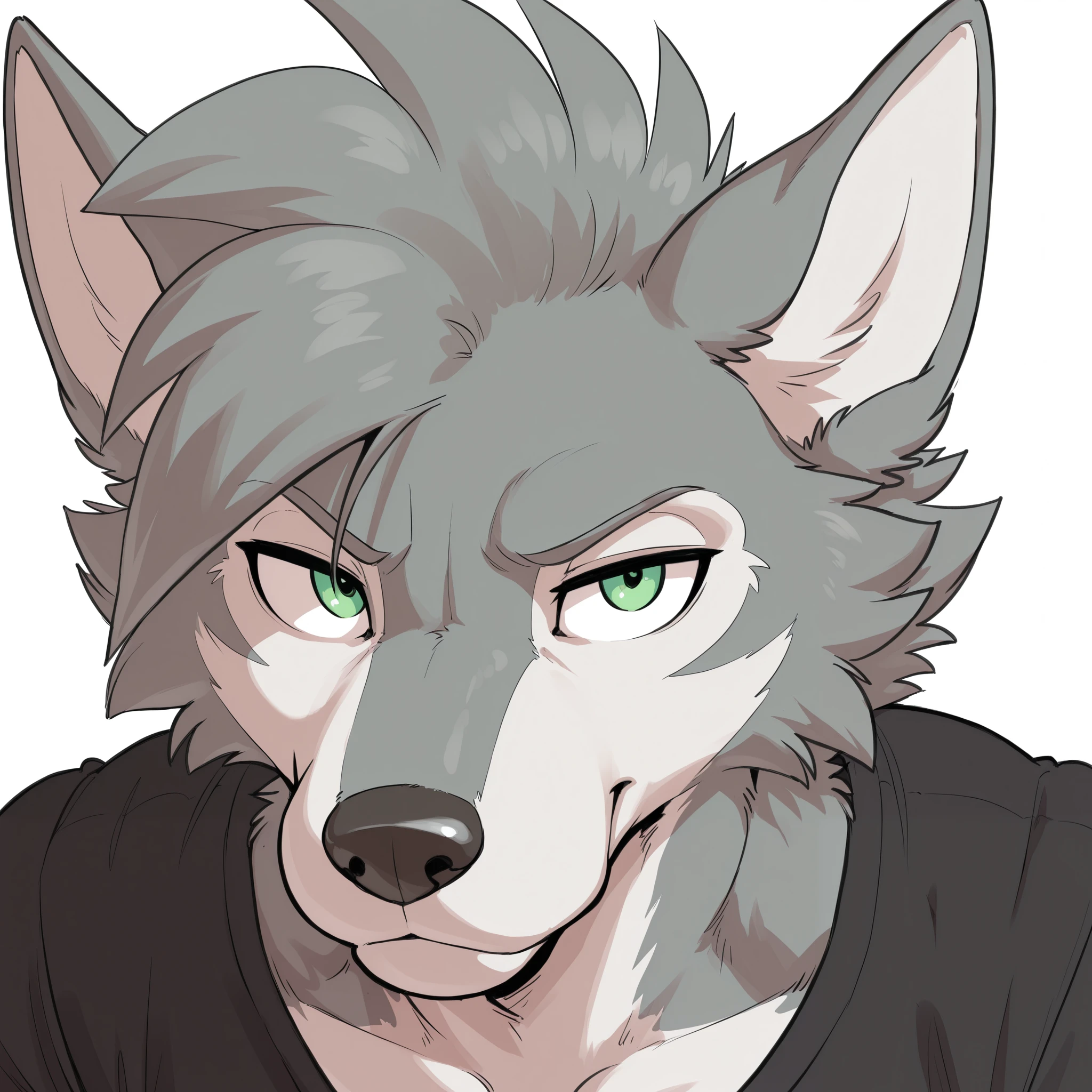 masterpiece, best quality, amazing quality, anthro wolf, male, solo, green eyes, silver fur, short hair, tall man, white, athletic, muscly arms, white background,  portrait, face focus, black shirt