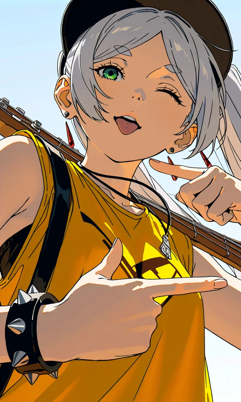 a close up of a frieren holding a guitar in her hands, with her index finger, bassist, anime vibes, sleeveless sweatsuit, colorful design on her sweatshirt, the guitar has a strap that goes over her shoulder, camera from below, hair blowing in the wind, hat with visor, spiked bracelets and chains, cyan guitar, white background, sun on the left side, pincho necklace, winking, sticking out her tongue, as a mocking gesture, tsutomu nihei art, guweiz style art, dreamy rock chick, clean and detailed anime style sweatshirt, uhd, retina, masterpiece, accurate, anatomically correct