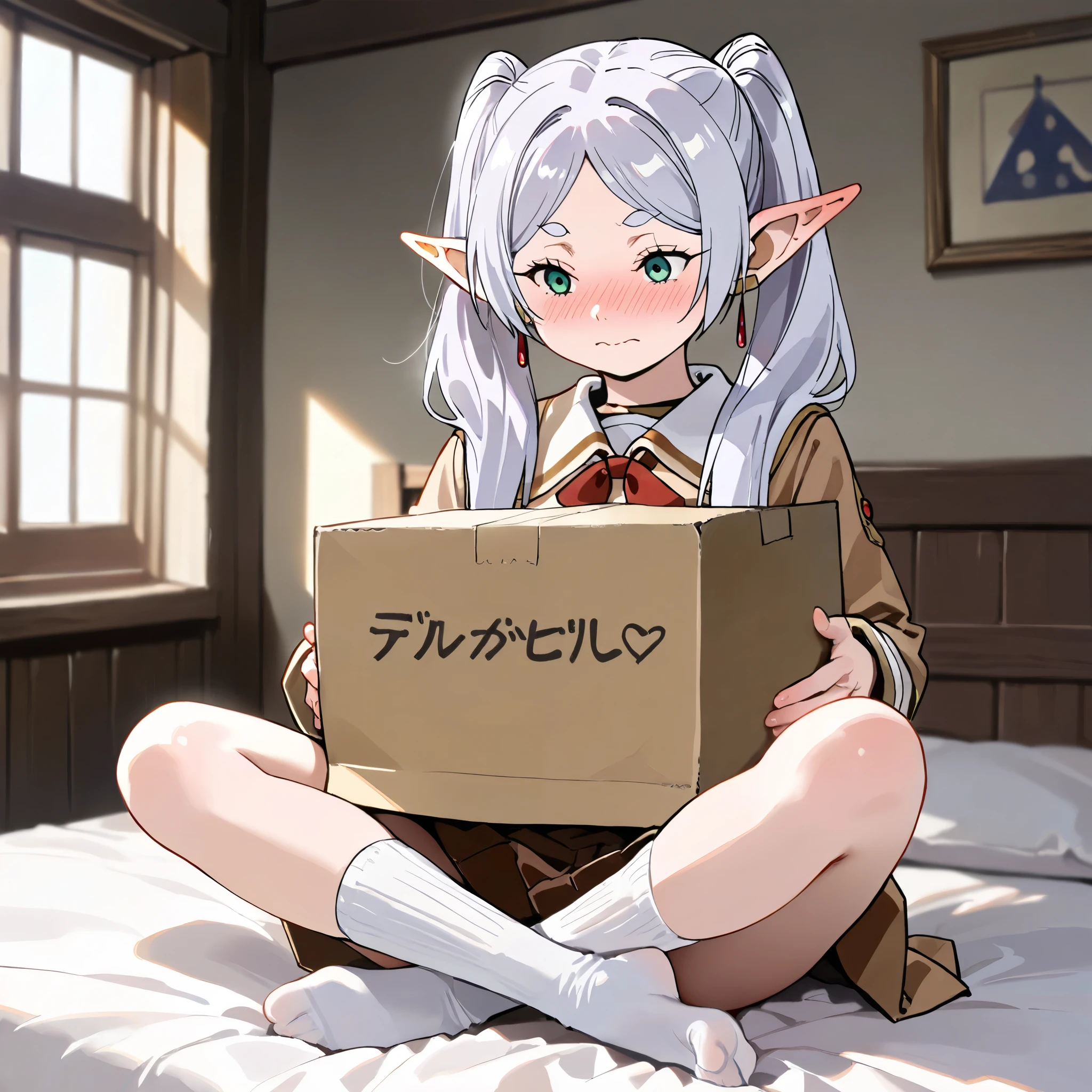 (masterpiece,best quality,amazing quality:1.2),(focus on full body:1.2),(1 beautiful woman:1.5),frieren,(brown school uniform:1.2),red ribbon,{{x}},white socks,blushing,embarrassed face,bedroom,on bed,(holding a big cardboard box:1.2),sitting cross-legged,