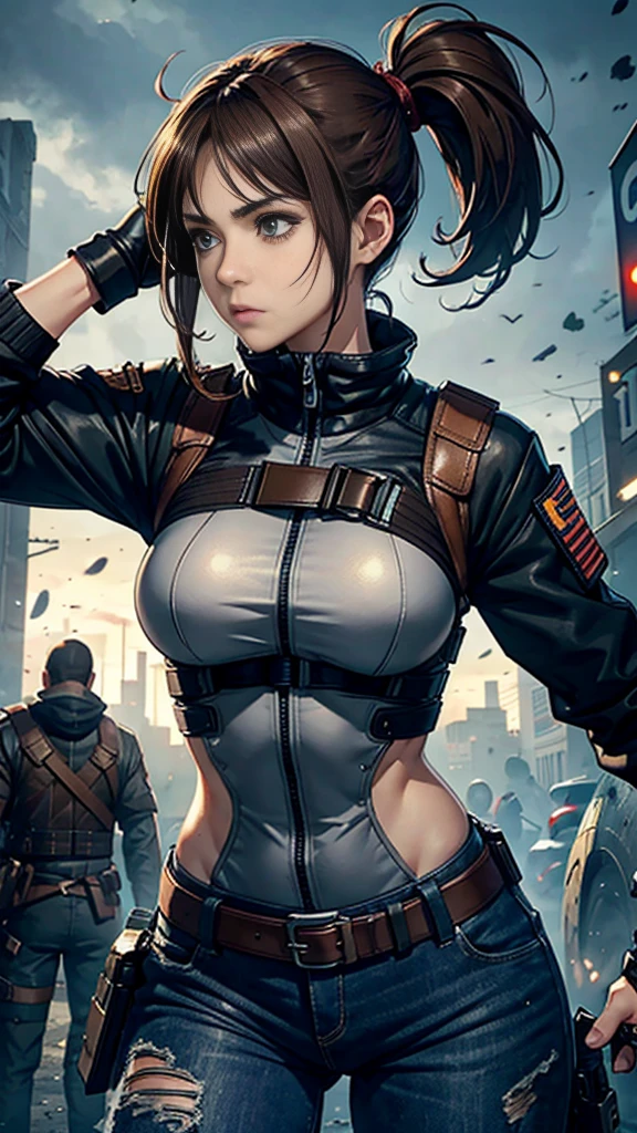 Waist up beauty girl in black body tatical combat suit holding two guns, (((cover in GTA aesthetic style::1))), golden hour illumination, sharp focus, (masterpiece), best quality, expressive eyes, perfect face, glowing