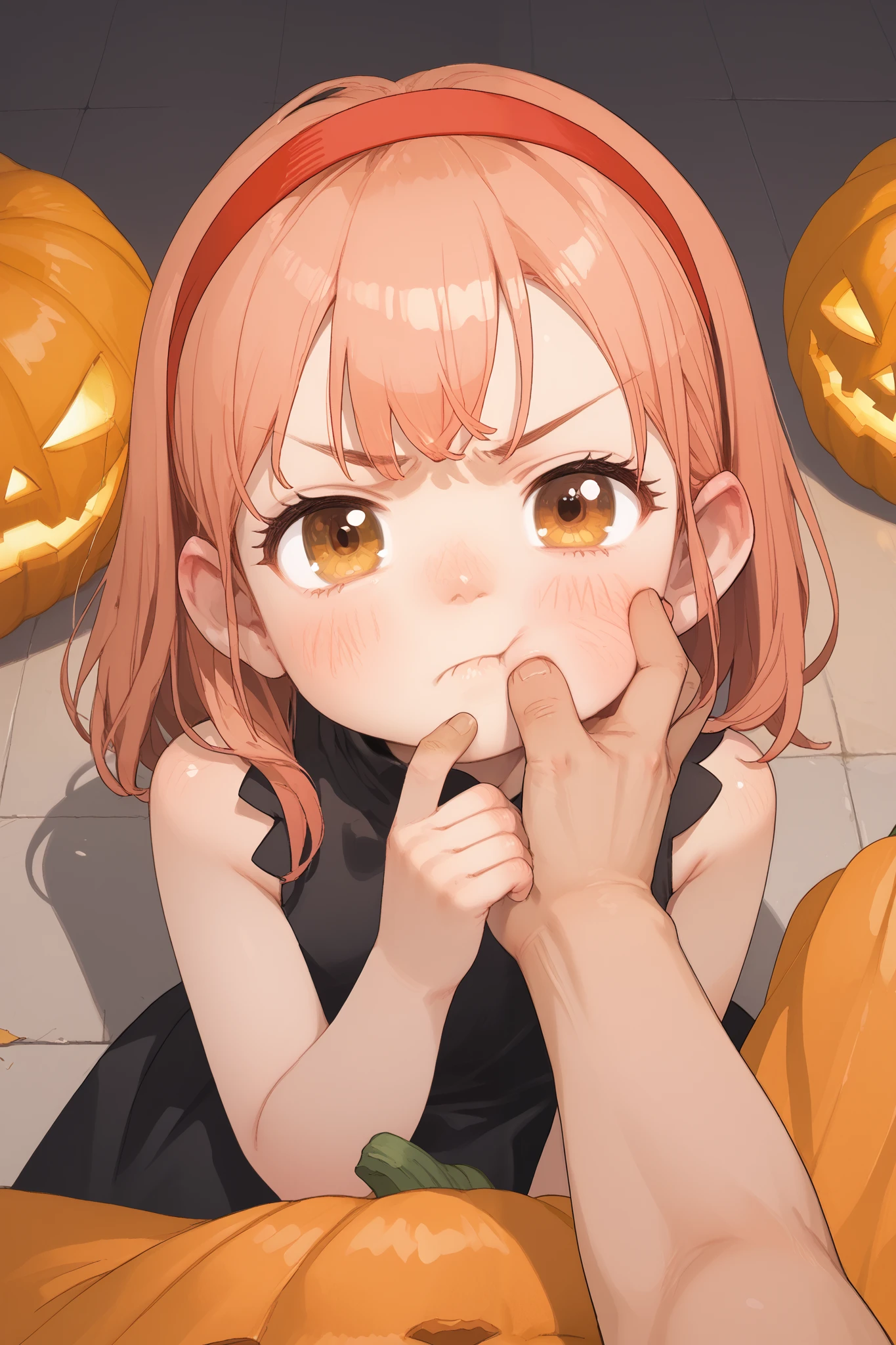 1girl, anya forger, blush, pout, hand on someone else's face, bare shoulders, pumpkin cheek, hand on someone else's chin, headband, black dress, dress, sleeveless, sleeveless dress, looking at viewer, pov, solo focus, upper body, pov hands, red headband