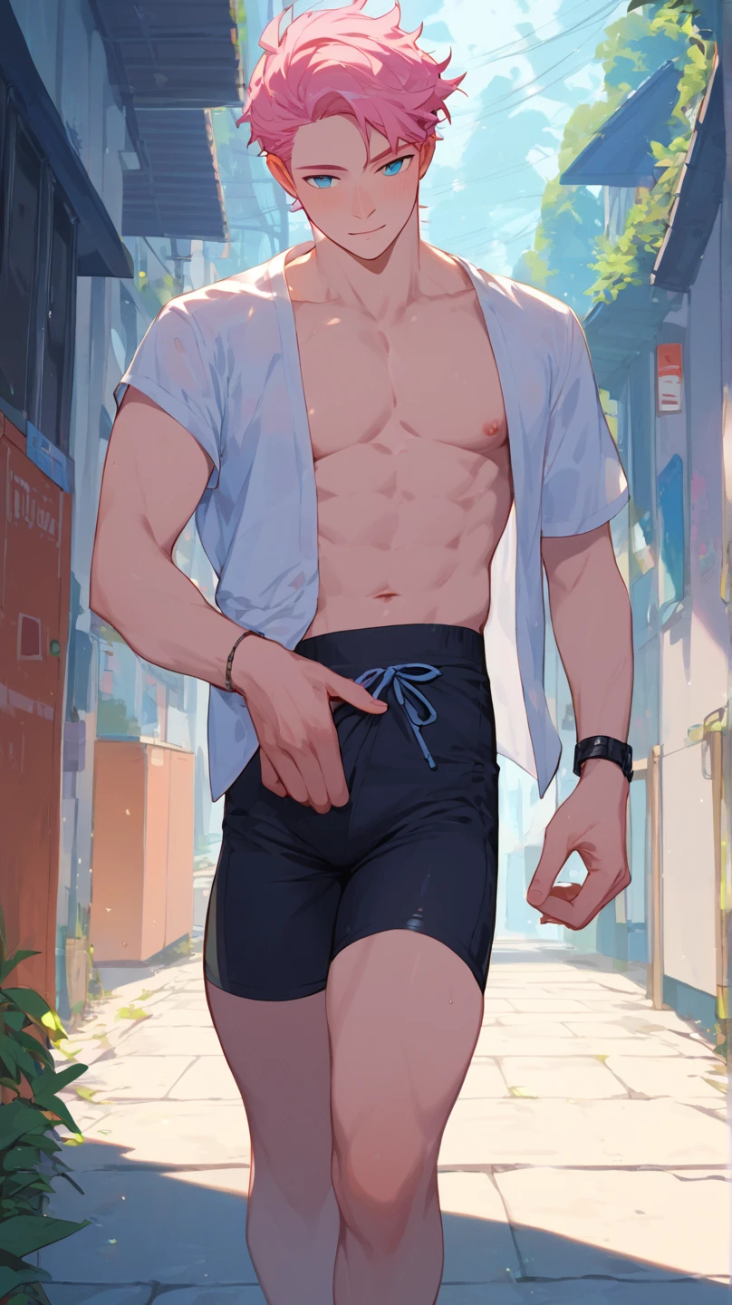 Handsome guy in white socks is embarrass, abs boy, sunny handsome, anime male protagonist, male high school student, white socks, sports shorts, full body photo, topless