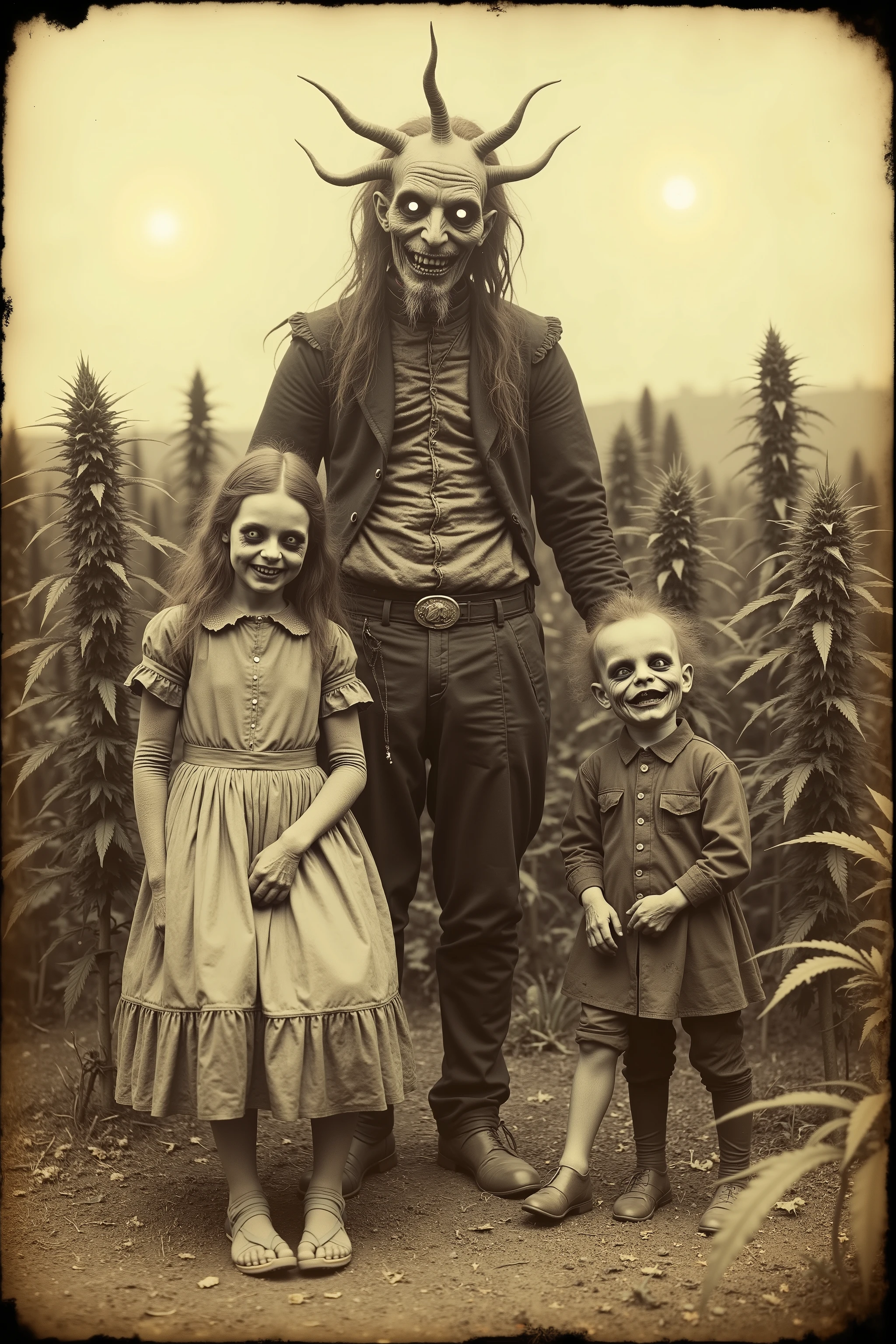 Daguerreotype, tintype. Bizarre, creepy, weird stuff, detailed surreal scene, outdoors, humanoid family with distorted features, unnatural anatomy, twisted haunted detailed facial expressions, unsettling atmosphere, field of Marijuana plants behind them, glowing orbs in the sky, eerie shadows, presence lurking, partially seen, dark faces with lit up eyes lurkng around the plants, dark, moody, cinematic horror lighting, digital art, concept art, 8K, high resolution, ultra-realistic, photorealistic, physically-based rendering, spooky, scary, long lost photo, photo brown and yellowed with age, antique photo, unsettling, gothic, dark side art, masterpiece.