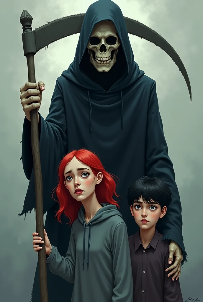 Ghostface, ao lado de uma menina com cabelos longos, castanhos e olhos verdes, como se fossem um casal