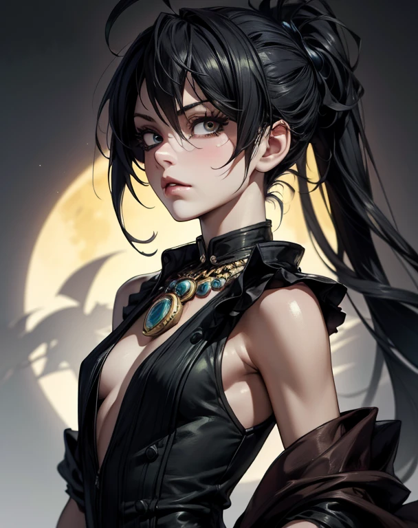 Tekken-style female character, yellow eye irises like a snake's, short black gothic style hair with long bangs passing from the shoulders, soft bangs on the forehead and short back haircut exposing the nape of the neck, soft cornrow near the ear with a small black rose adorning the hair, wearing elegant gothic dress