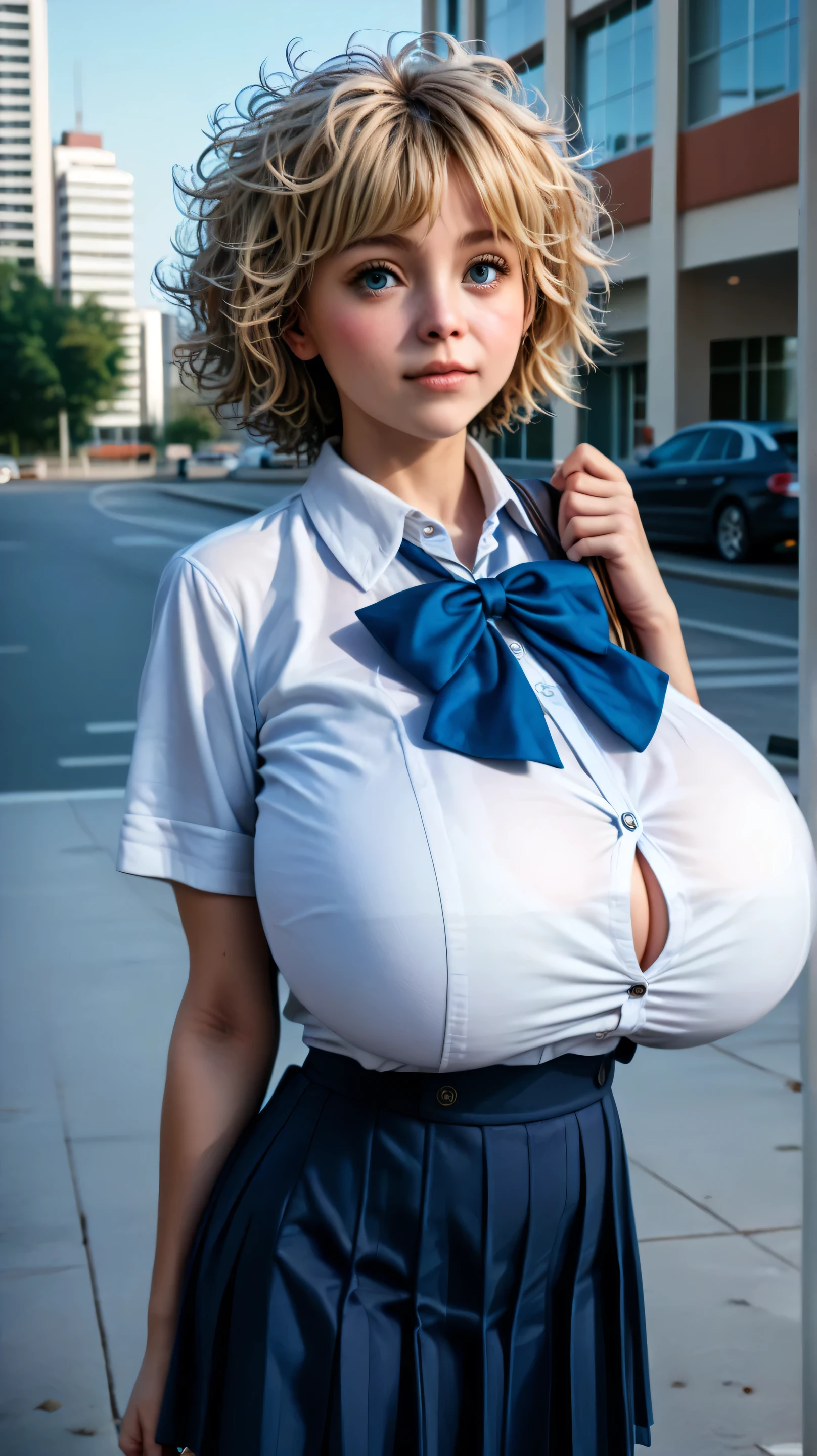 ((full body:1.5)), intensely erotic image, male gaze, male POV, Quality_masterpiece, Absurd res, (outdoors), (on a modern school campus with buildings in the background:1.3), (intricate background), (detailed background), BREAKK 1girl, ((very young girl, youth, cute and young, tween)), (cute face), (huge perfect round breasts:1.5), extremely tall, extremely skinny, shy, blushing, narrow waist, long sexy legs, BREAK ((too small school uniform)), ((tight button shirt)), ((clothed breasts:1.5)), (((blonde hair))), (((short messy hair))), intricate detailed  hair,pale skin, natural skin,face focus, big breasts, round breasts, fake breasts, bursting breasts, dynamic pose, seductive, gorgeous, depth of field, shadows, dramatic lighting, candid, perfect eyes,DeviantArt, amateur, real life photo, portrait, HyperSag, huge breasts, gigantic breasts, breasts, large breasts, huge breasts, (score_9), (score_8_up), (score_7_up), (score_6_up)
