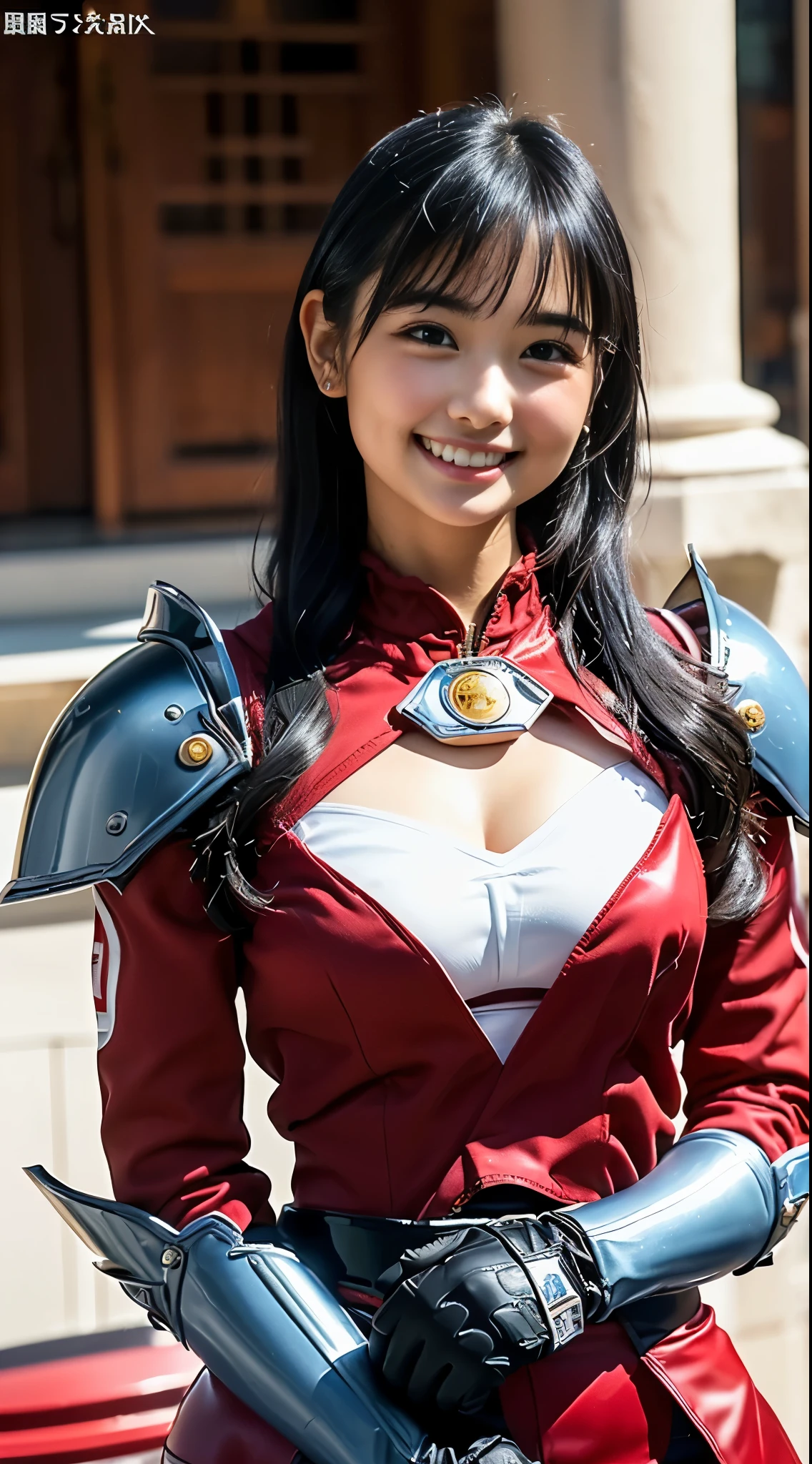 lapis-fe, 1 girl, One, I look at the viewer, blush, bang, gloves, upper body, hair, hair band, on open air, parted lips, sky, day, above the handle, Pink eyes, armor, tree, covered navel, blurred background, hand on chest, shoulder armor, side hair, breastplate, red armor