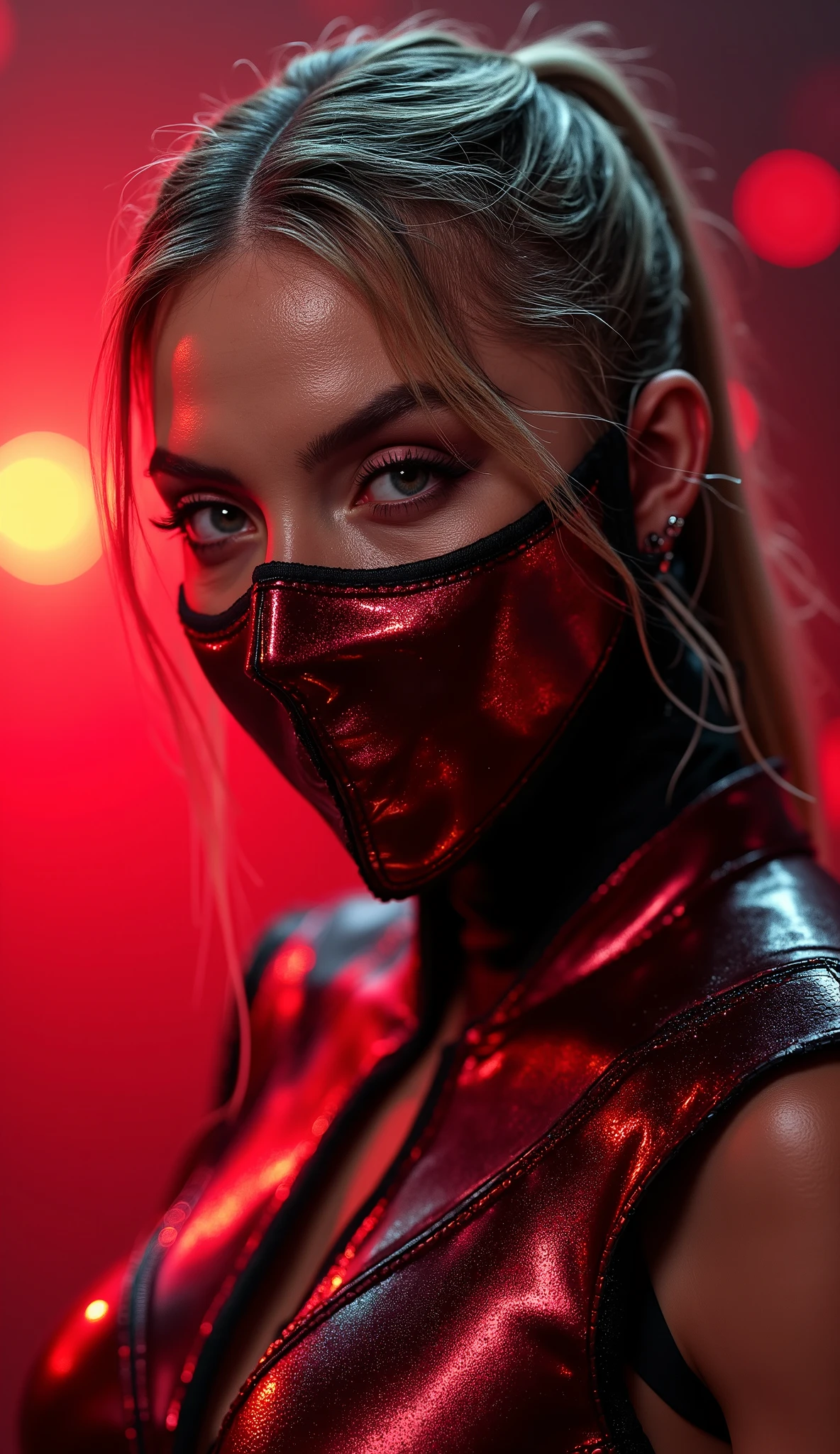 Here's a detailed prompt to generate a super realistic image of Sydney Sweeney as Scarlet, with her shiny red and metallic outfit, plus a bright metallic red mask: "Hyper-realistic Close-up by Scarlett Johansson as Scarlet, the enigmatic warrior of * mortal kombat*. She is in an intense and mysterious pose, with a confident and calculating expression. Scarlet wears her iconic shiny red and metallic, with realistic details that reflect light in an impressive way. Her metallic red mask,  that covers part of the face ,  is highly detailed , with brilliant reflections and intricate patterns that match your costume. The focus is on the face and upper body,  highlighting the skin texture , the metallic reflections of the clothing and mask, and the intensity of her eyes.  The lighting is dramatic , with red tones and strong contrasts between light and shadow, creating a cinematic effect. The background is a realistic and dark setting,  with red lights , dense smoke and elements of a gothic and mysterious environment, adding an intense and enveloping atmosphere." This prompt should guarantee an incredibly realistic and detailed image, on Scarlett Johansson's upper body as Scarlet, with her shiny red and metallic outfit, plus a bright metallic red mask, against a striking background!
