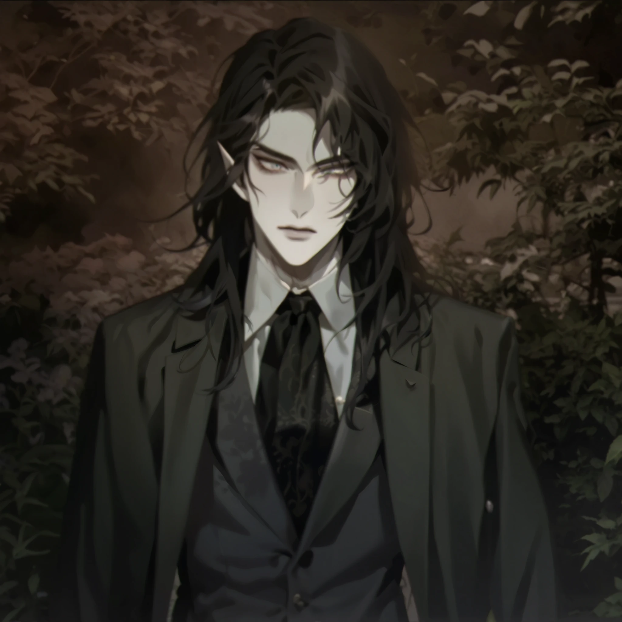Handsome male elf with black hair, pale skin and suit e tie. 